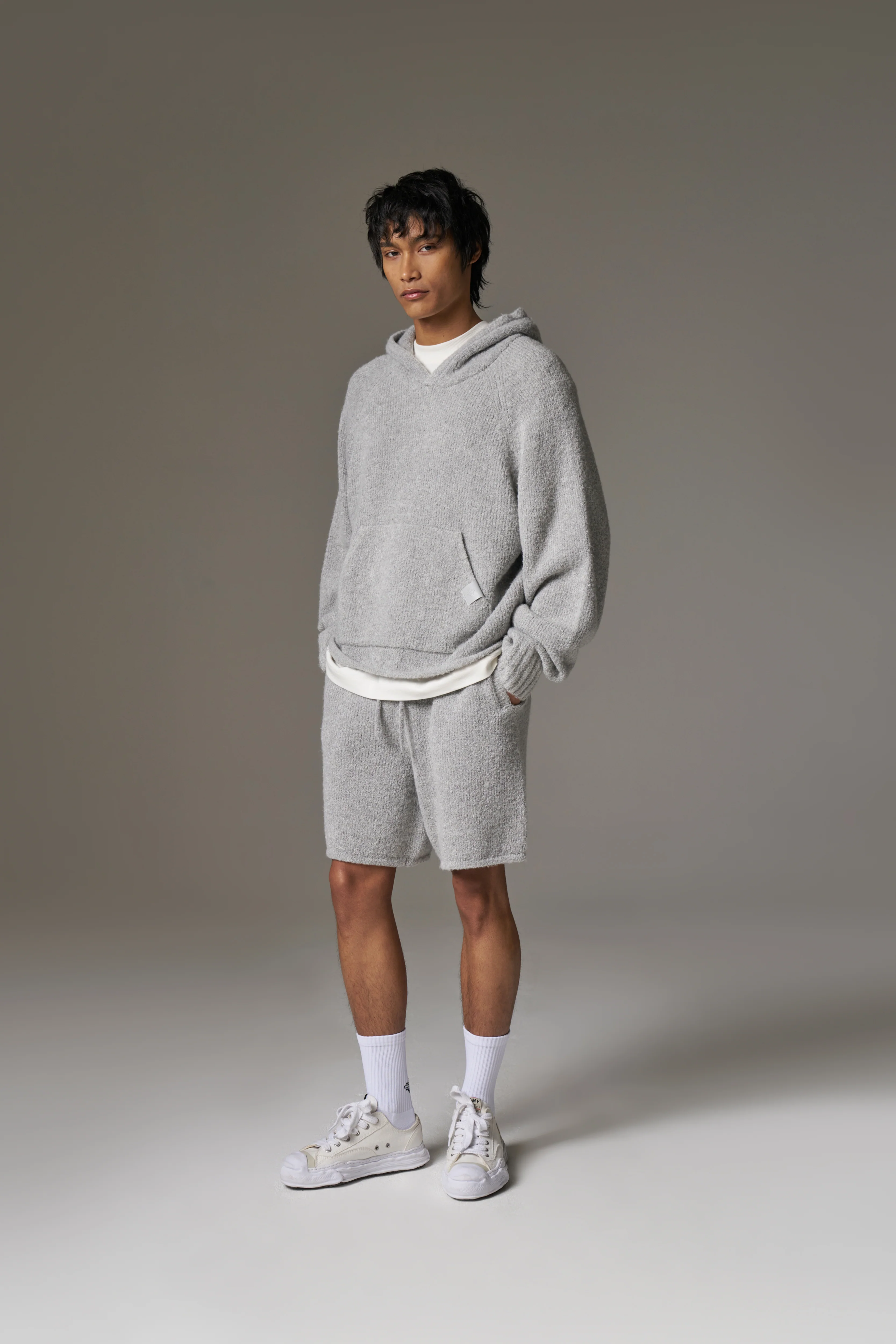 BOUCLE KNIT HOODIE - GREY MARL