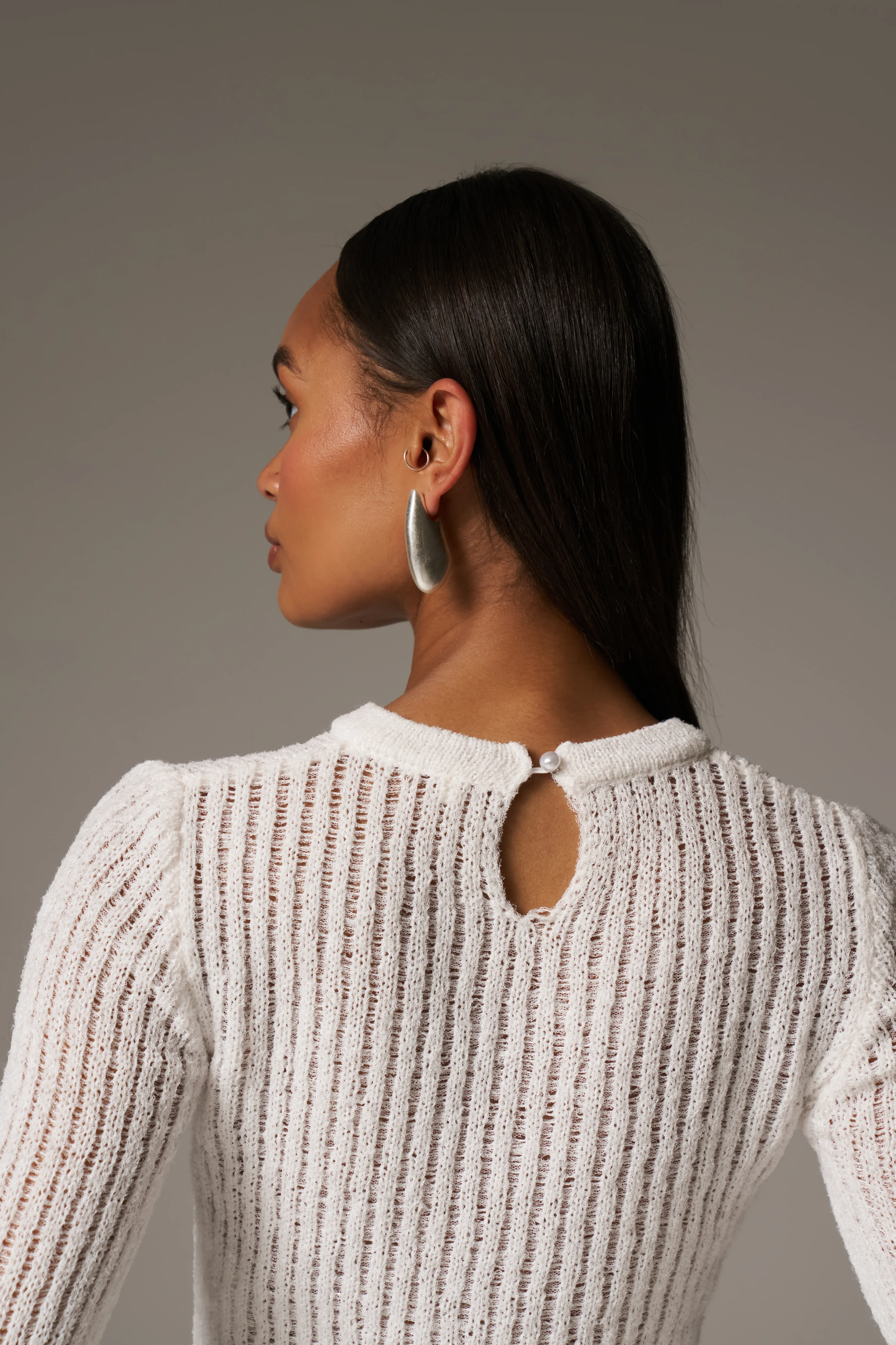 LADDER KNIT LONG SLEEVE TOP - CREAM