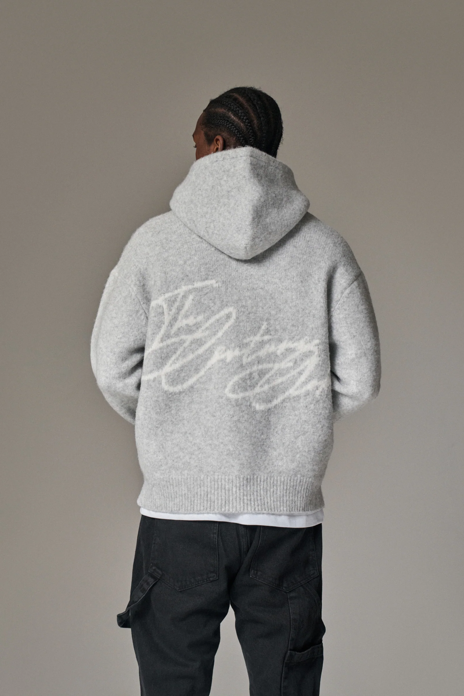 SCRIPT LOGO GRAPHIC KNITTED HOODIE - GREY MARL