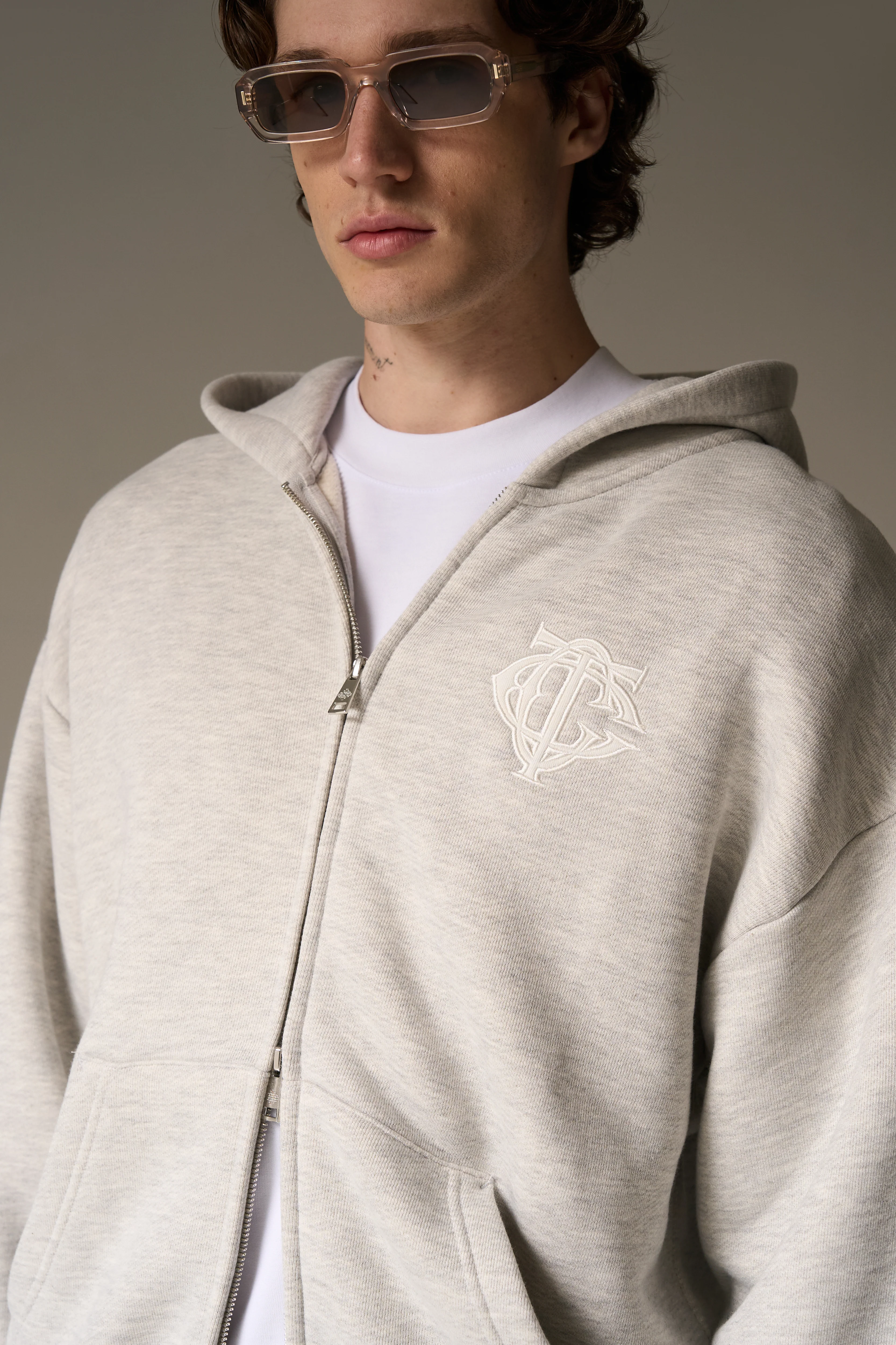 HEAVYWEIGHT MONOGRAM EMBLEM ZIP THROUGH - GREY MARL