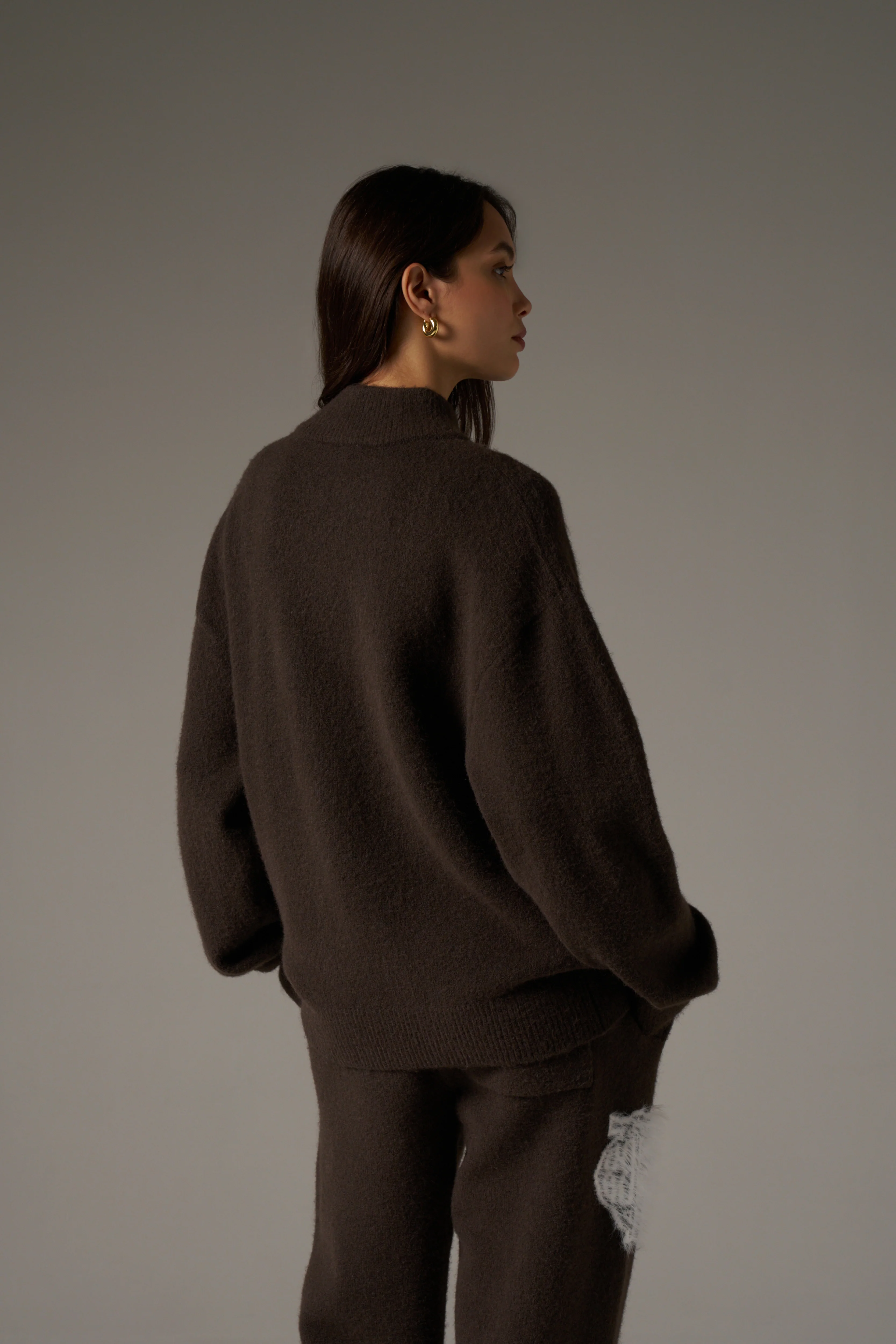 MONOGRAM EMBLEM FLUFFY KNIT ZIP THROUGH - BROWN