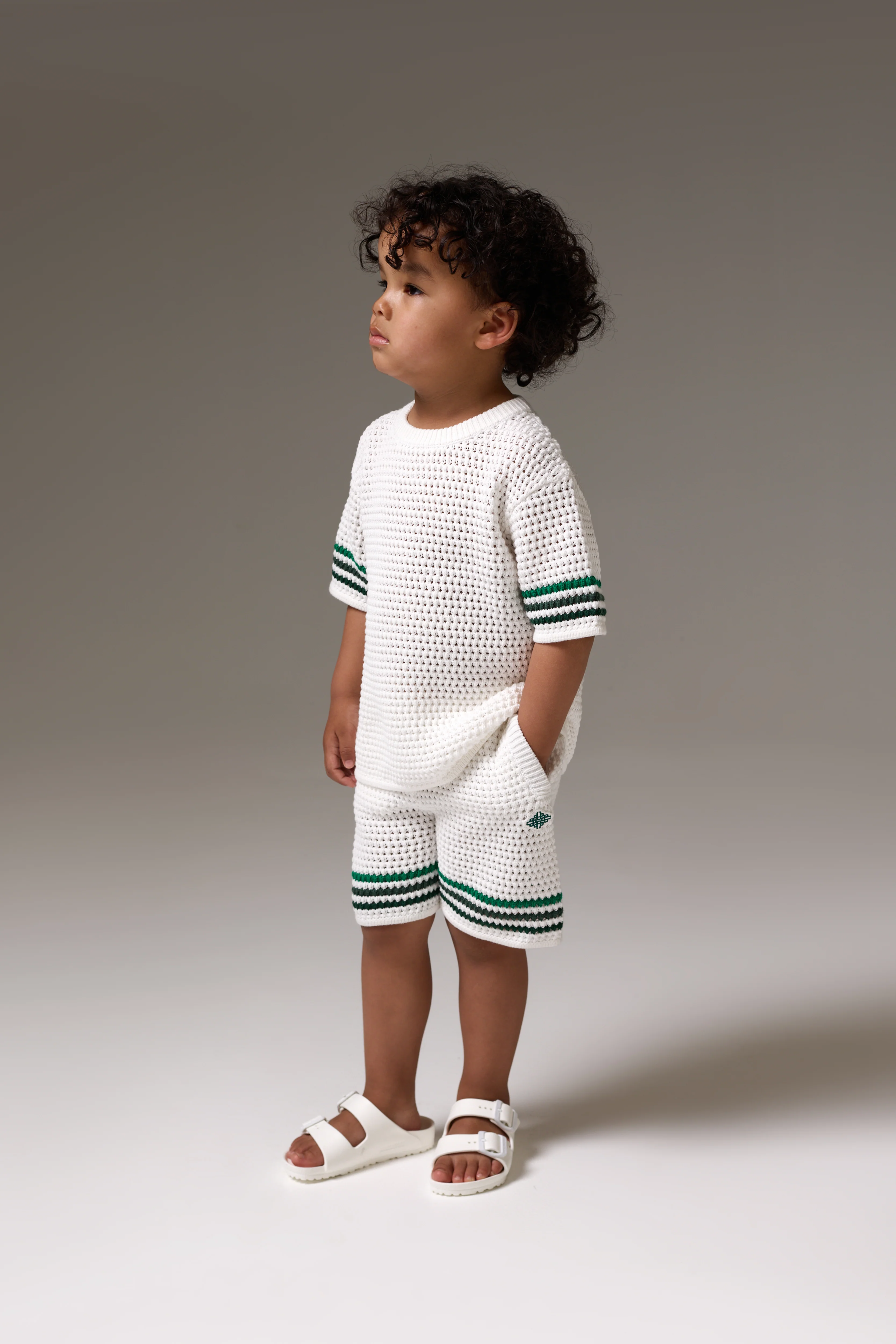 KIDS STRIPE CROCHET KNIT SHORTS - WHITE