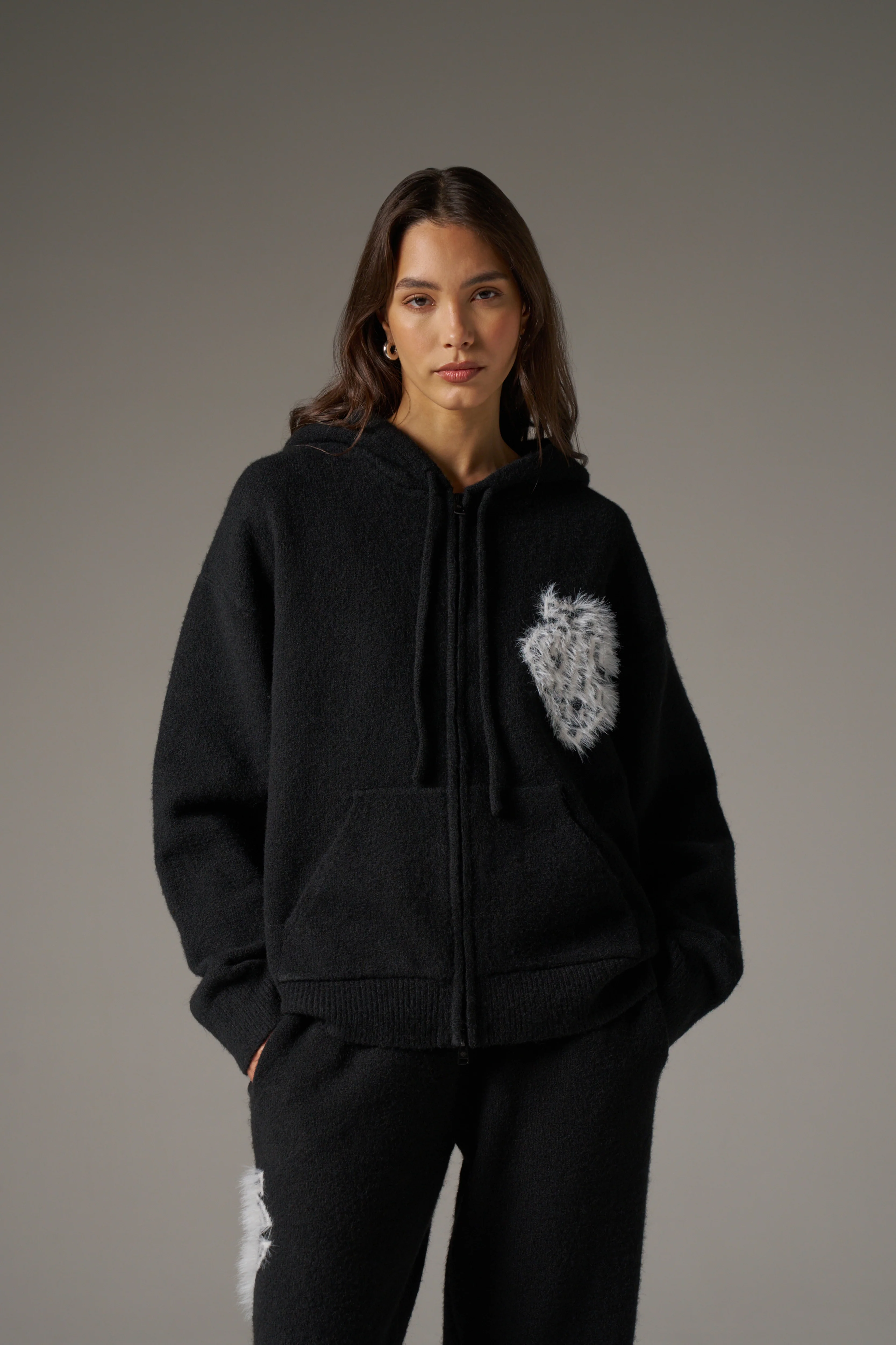 MONOGRAM EMBLEM FLUFFY KNIT ZIP THROUGH HOODIE - BLACK