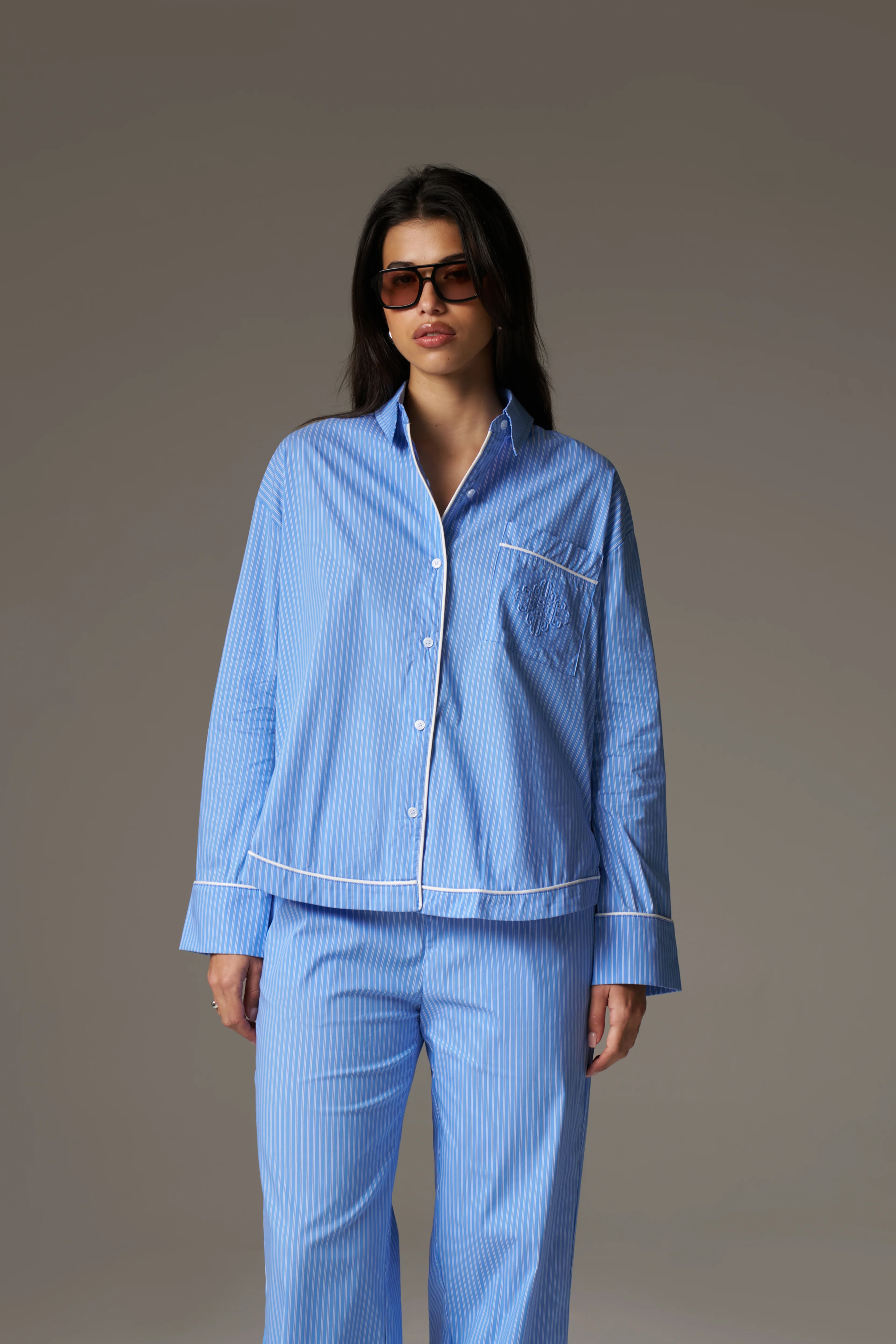 STRIPE PIPED EMBLEM SHIRT - BLUE