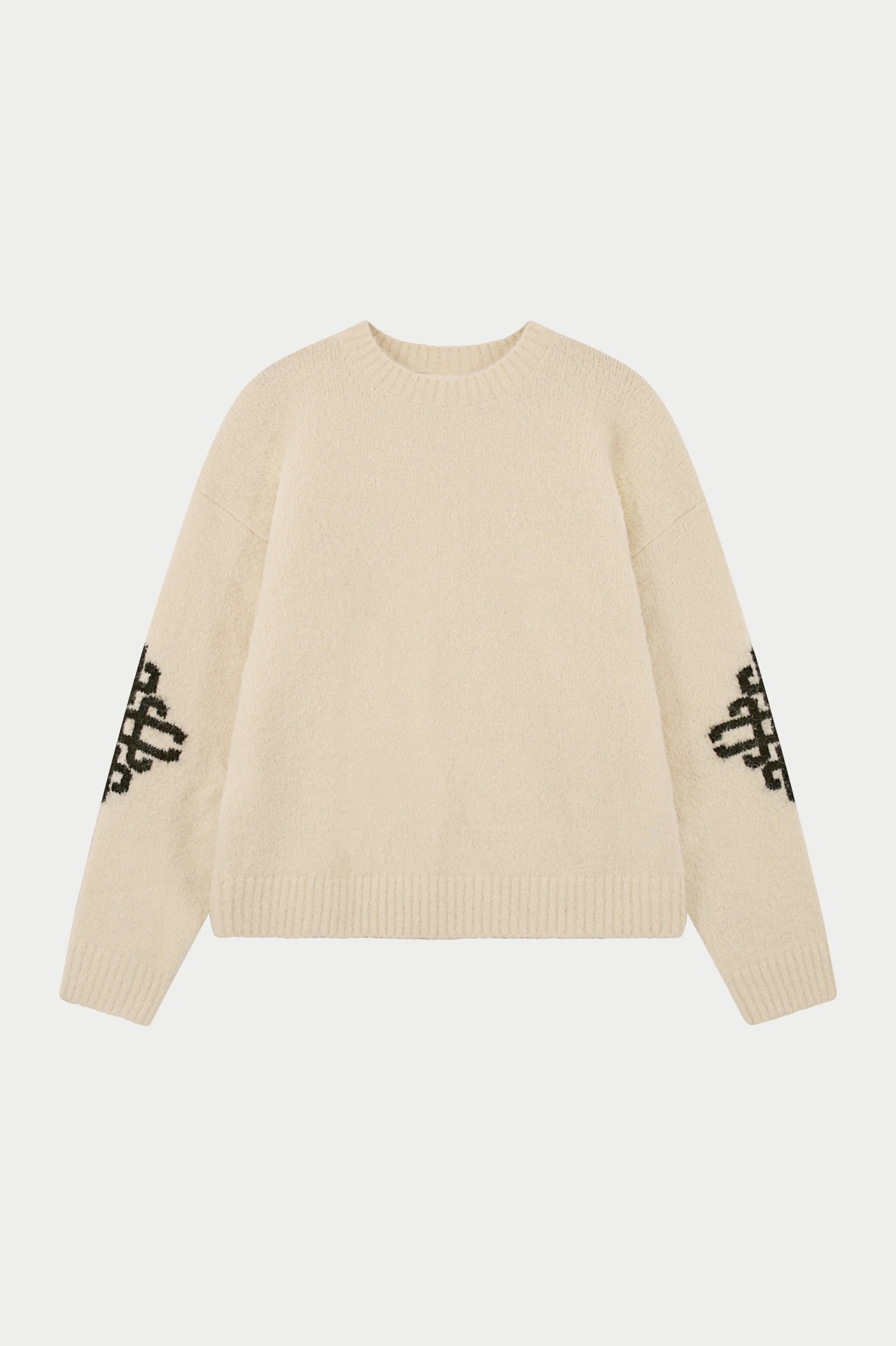 BRUSHED EMBLEM SLEEVE KNITTED CREW - BEIGE