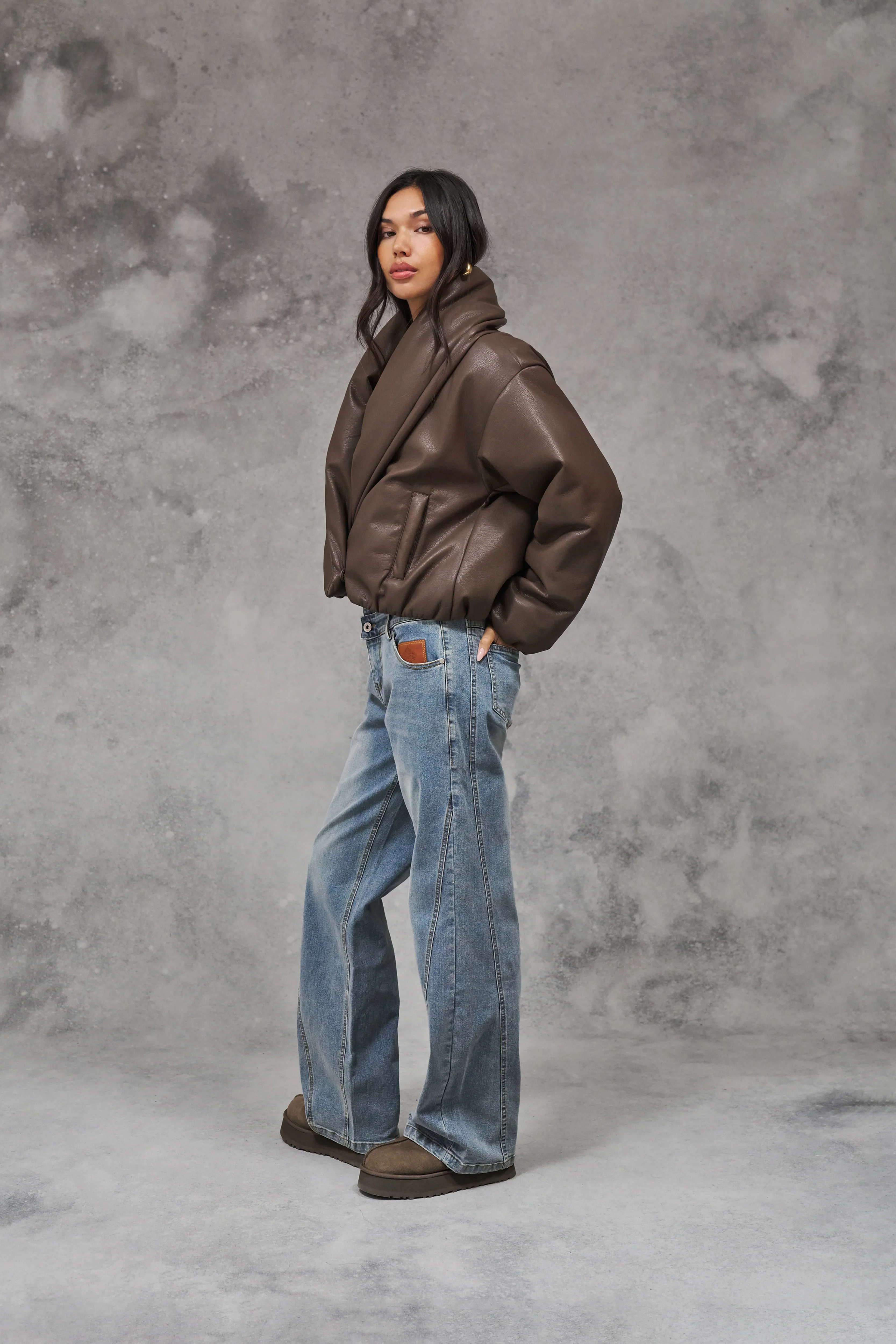 OVERSIZED COLLAR FAUX LEATHER PUFFER COAT - BROWN