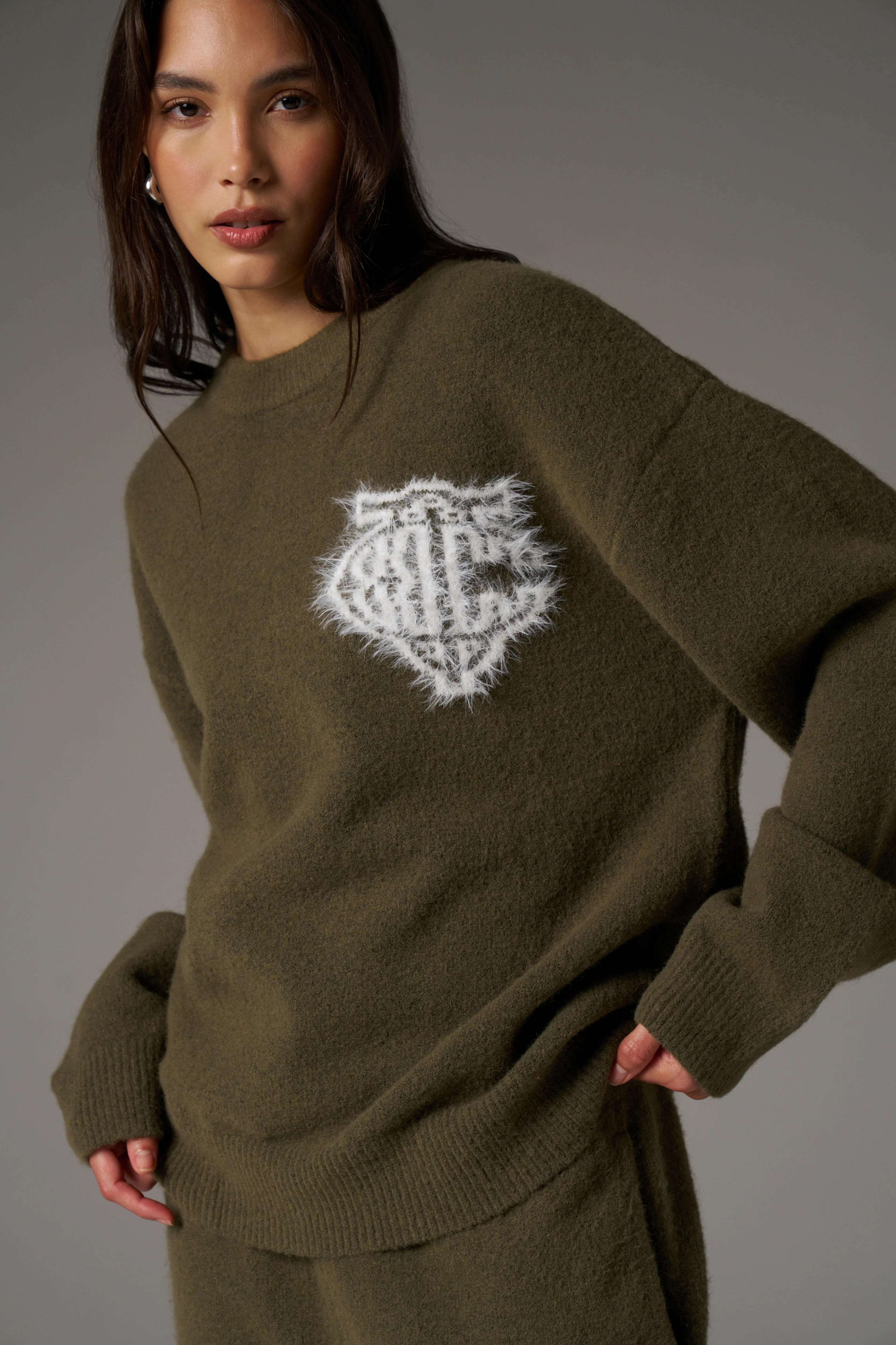 MONOGRAM EMBLEM FLUFFY KNIT CREW - KHAKI