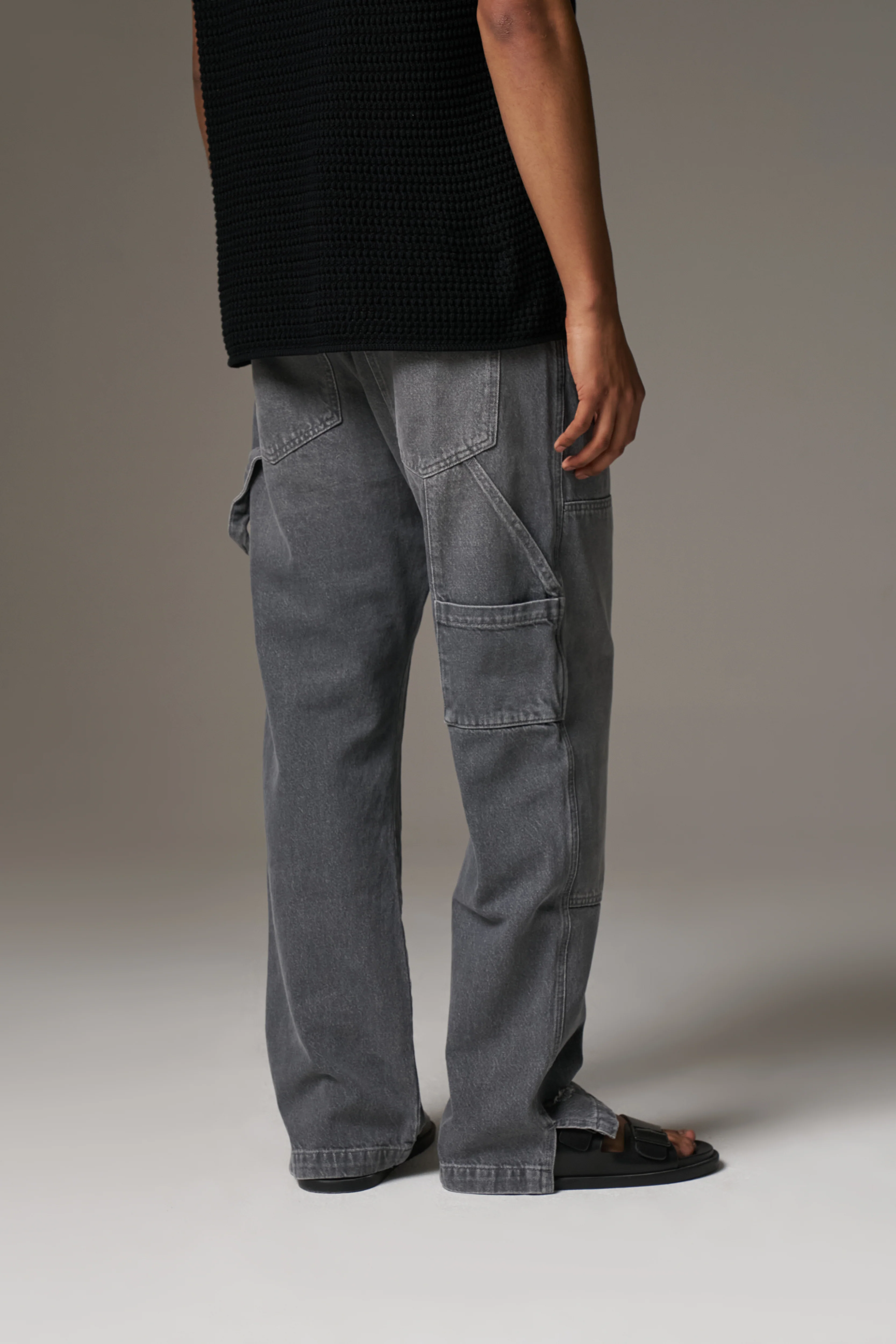 DENIM RIVET DETAIL CARPENTER JEANS - GREY WASH