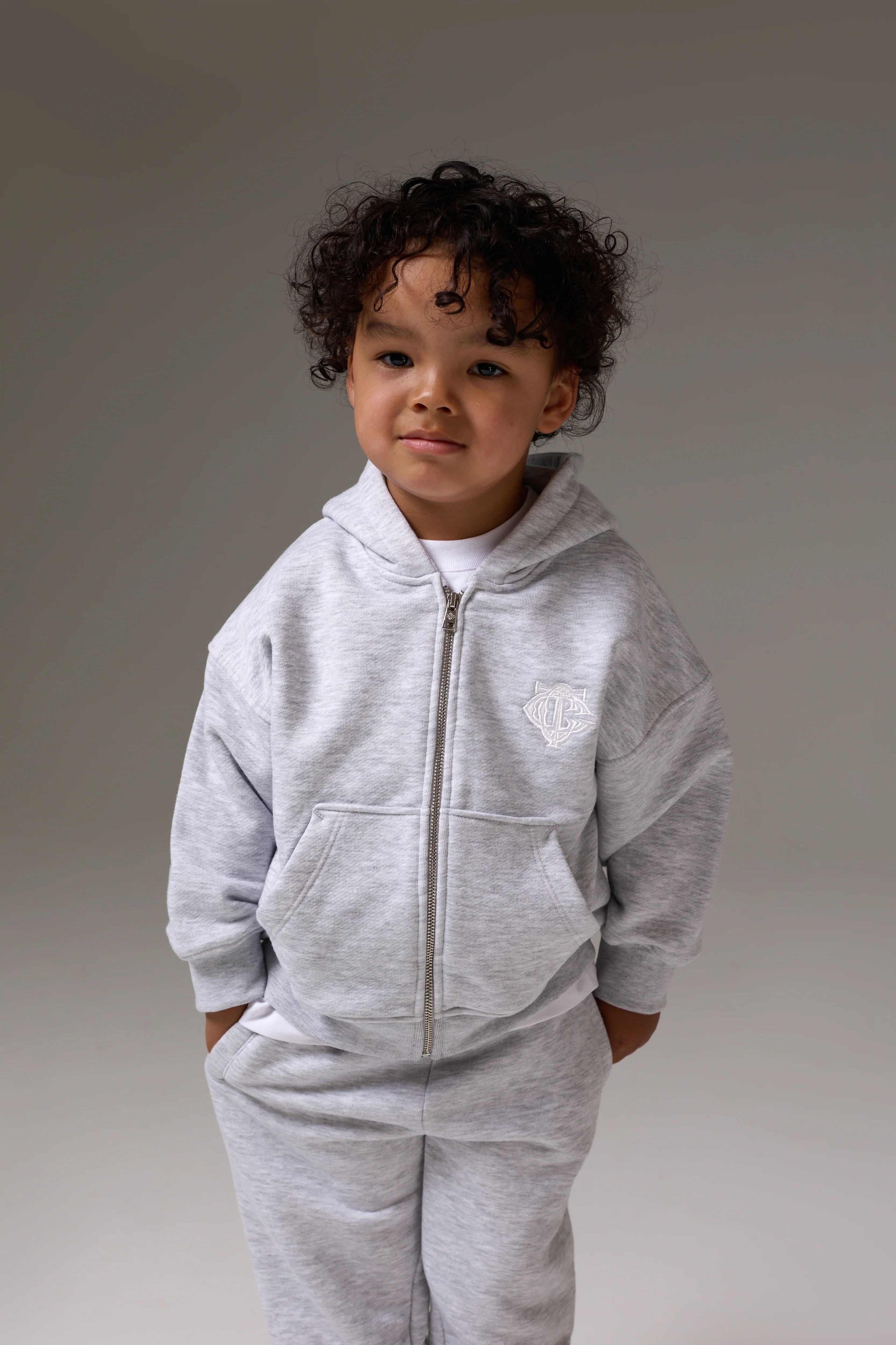KIDS ZIP THROUGH MONOGRAM EMBLEM APPLIQUE HOODIE - GREY MARL