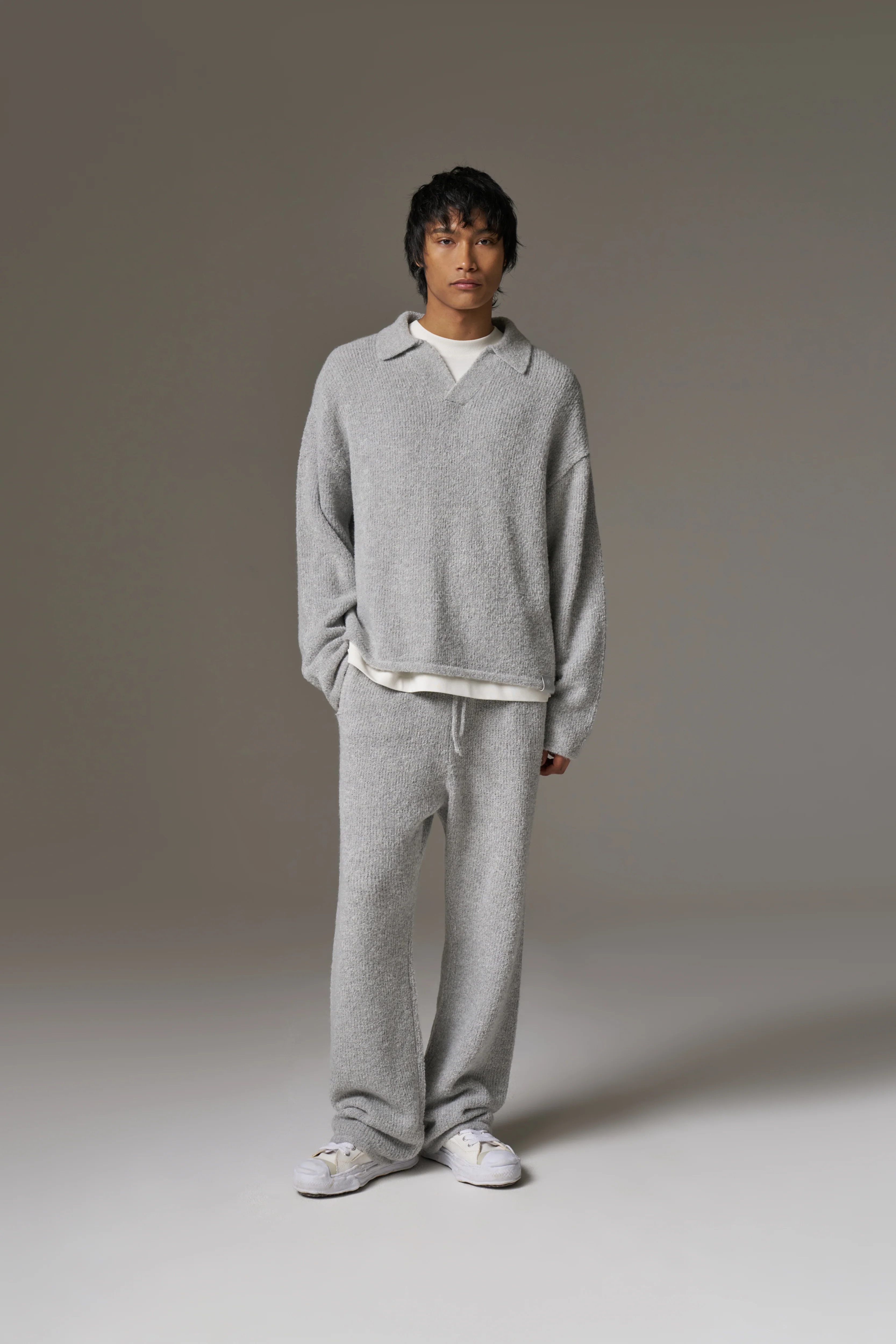 BOUCLE KNIT LONG SLEEVE POLO - GREY MARL