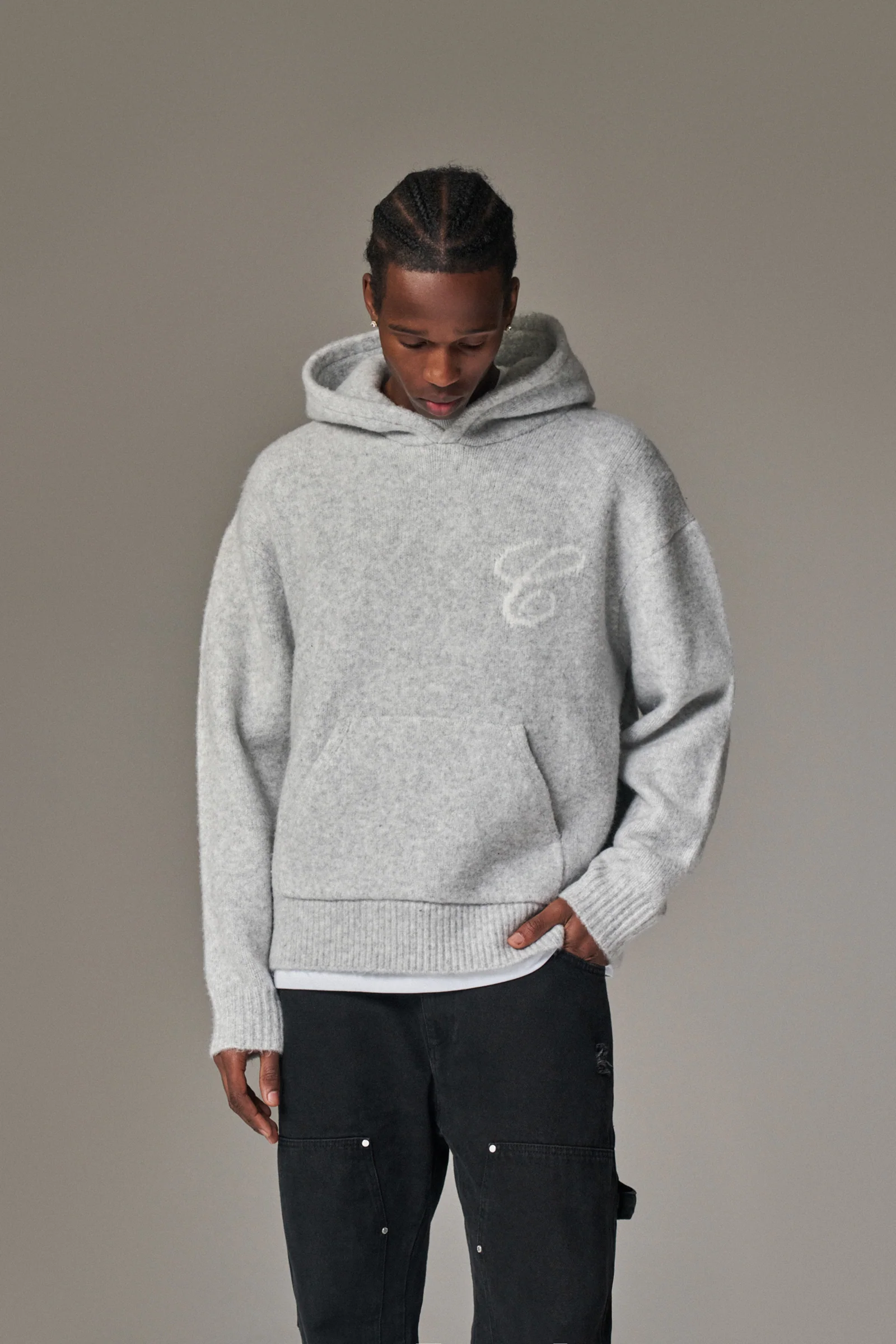 SCRIPT LOGO GRAPHIC KNITTED HOODIE - GREY MARL