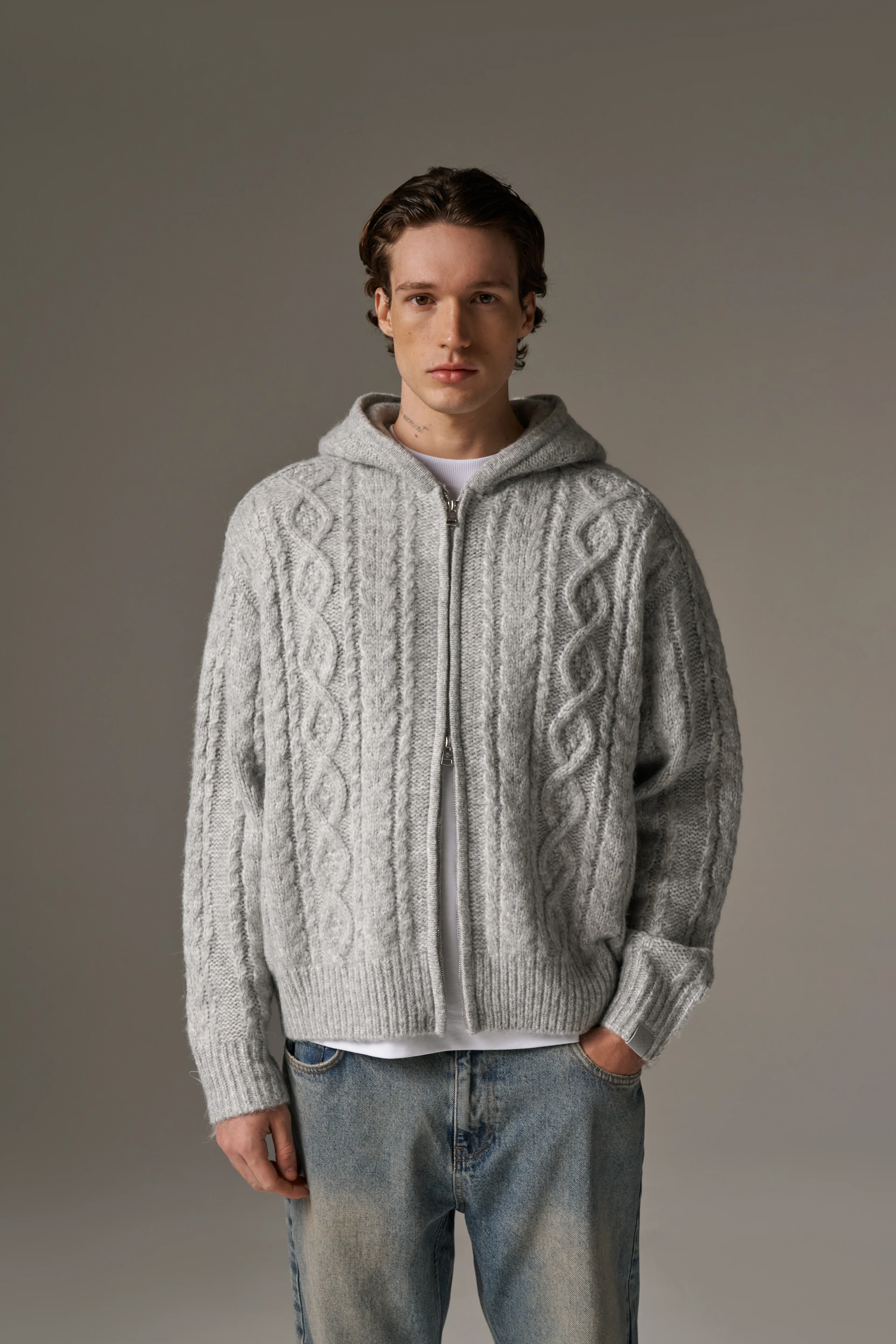 CABLE KNIT ZIP THROUGH HOODIE - GREY