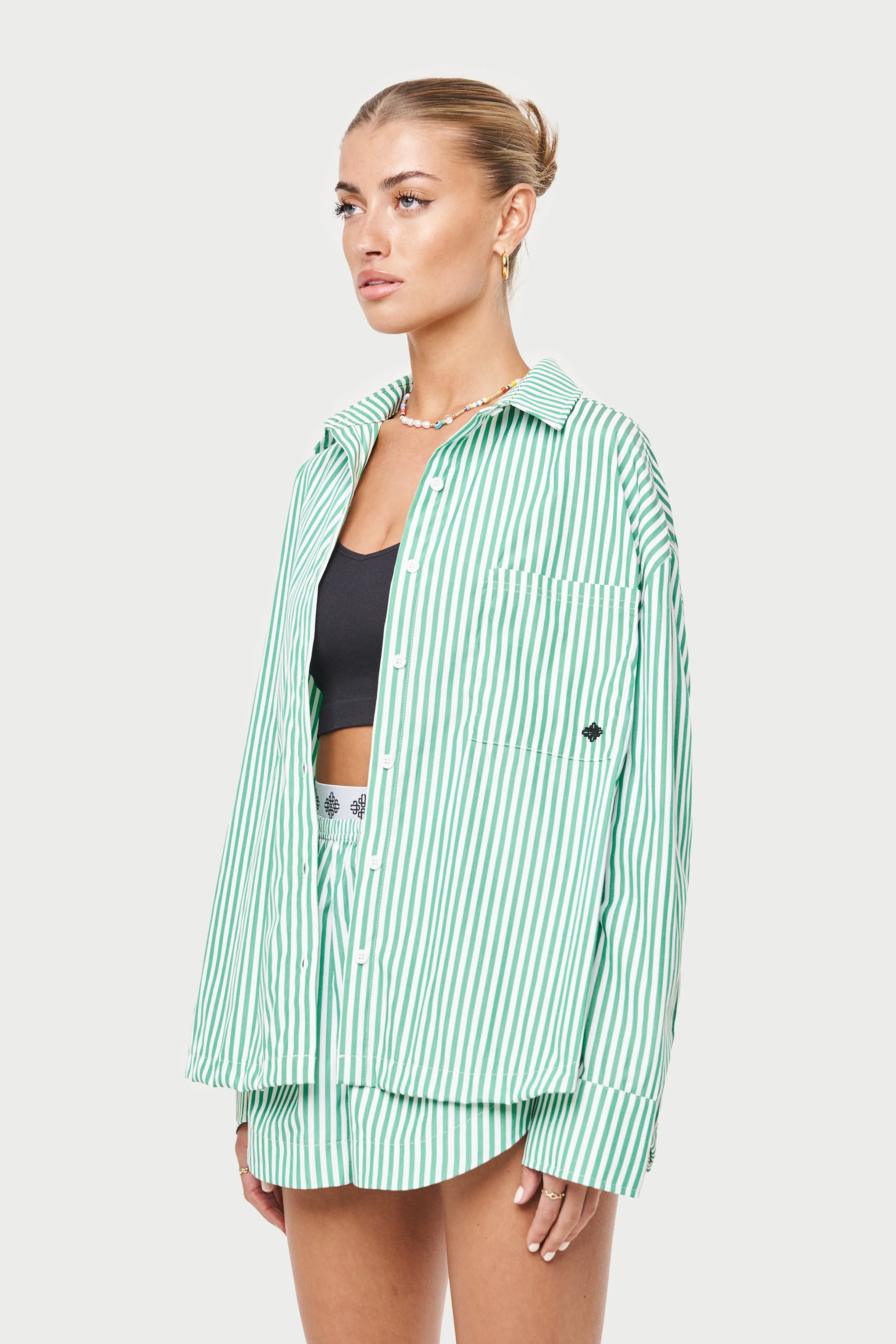 EMBLEM STRIPE OVERSIZED SHIRT - GREEN