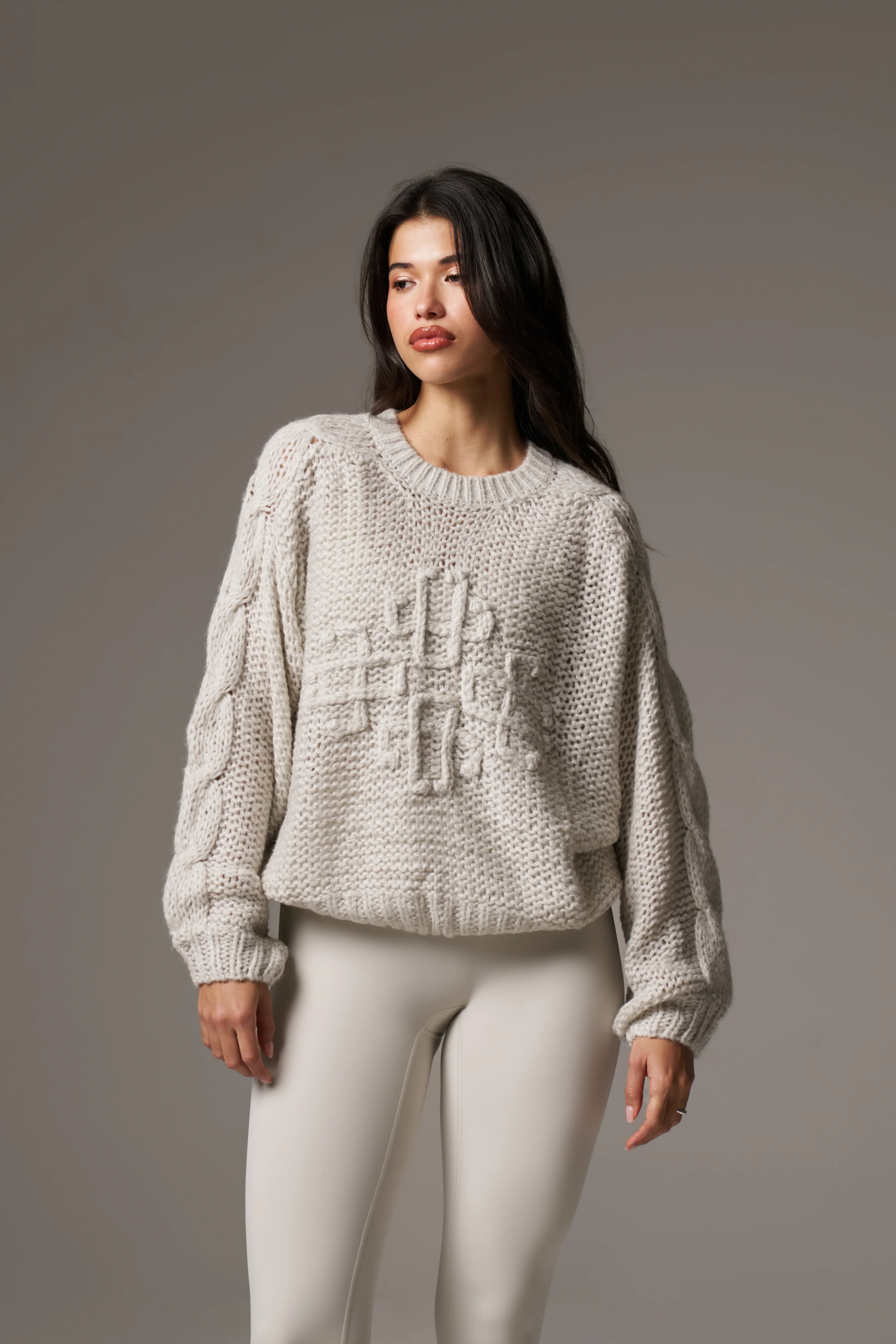 EMBLEM PLAITED OVERSIZED KNIT JUMPER - STONE