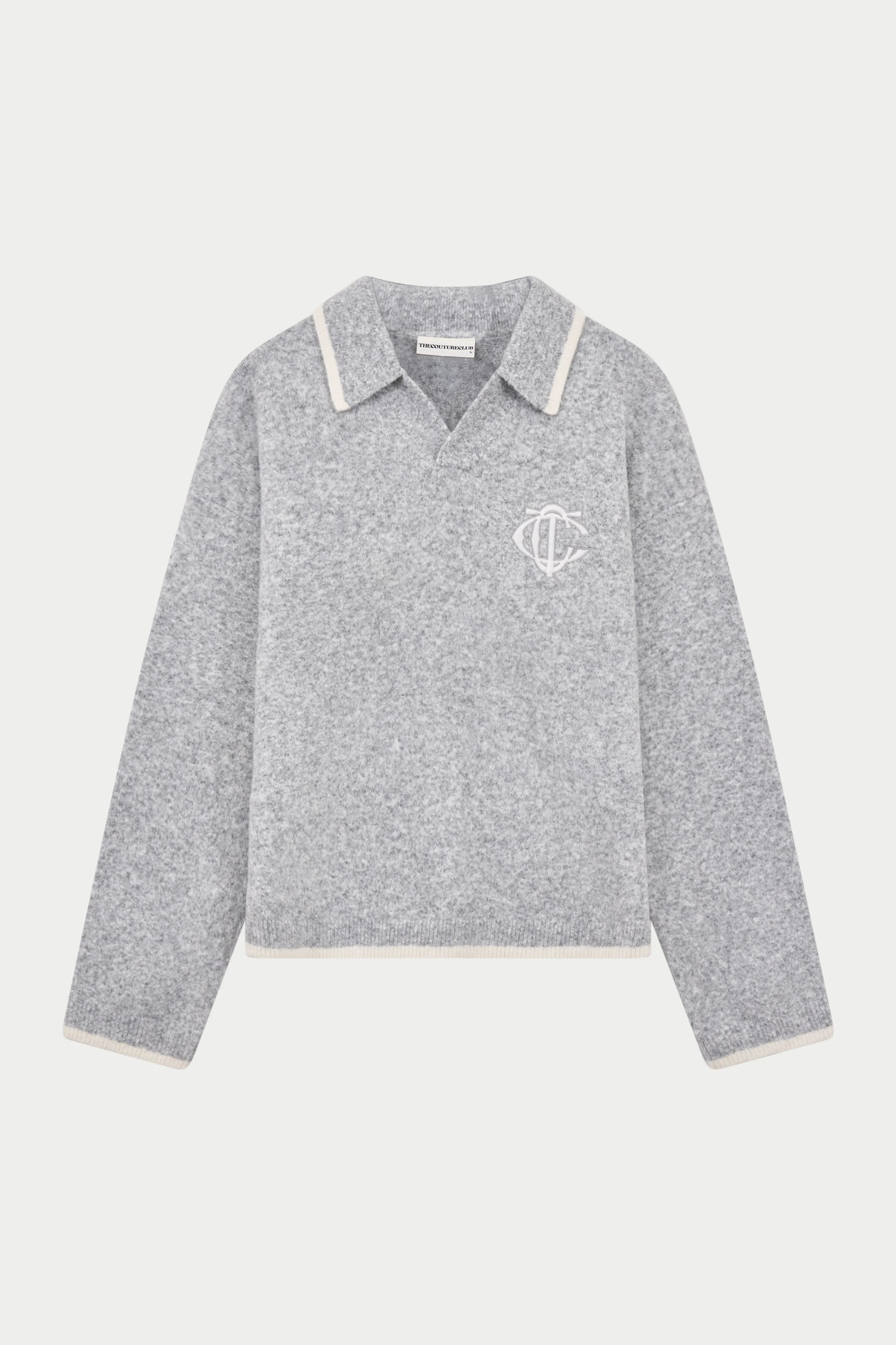 MONOGRAM EMBLEM KNITTED POLO TOP - GREY