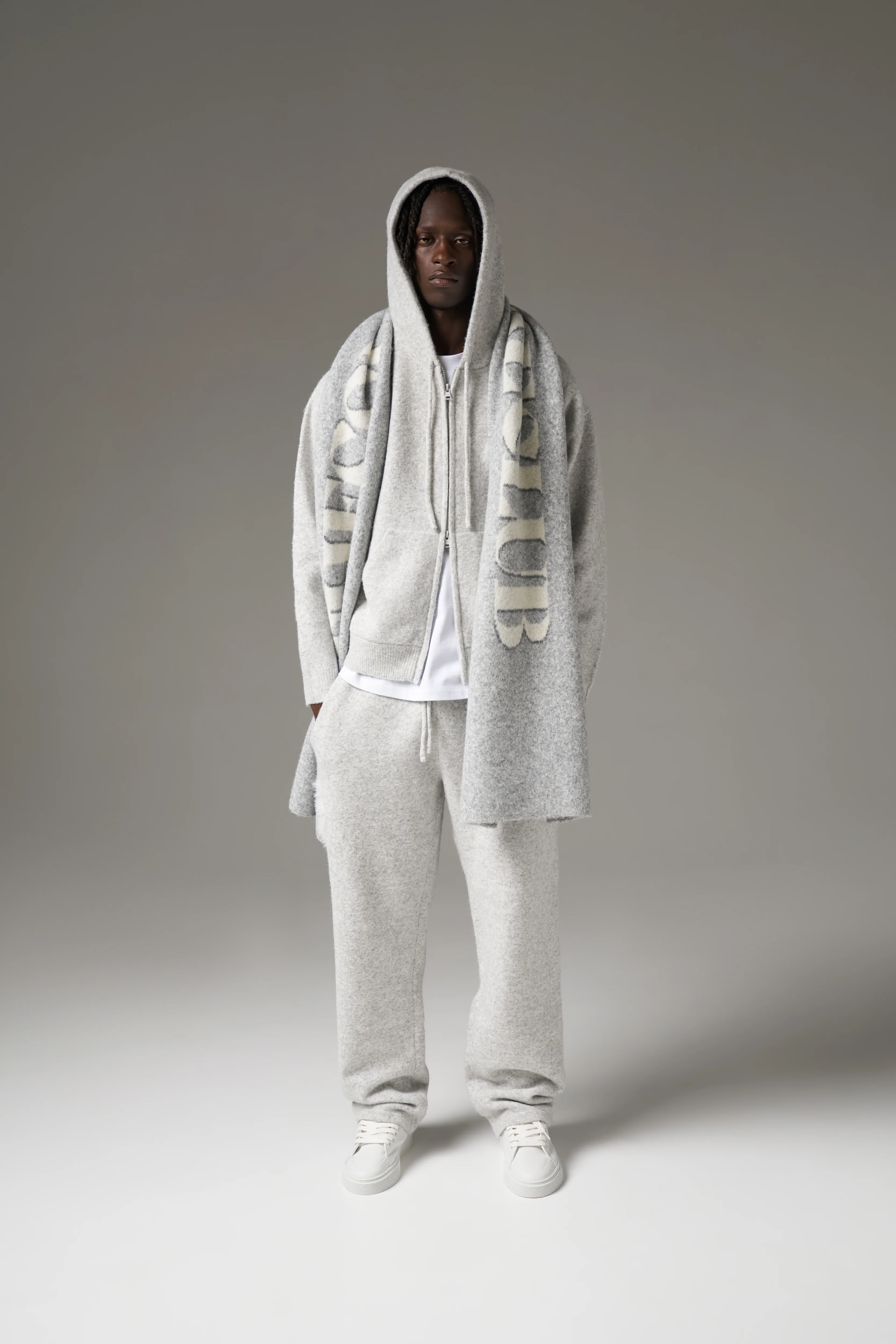 MONOGRAM EMBLEM FLUFFY KNIT ZIP THROUGH HOODIE - GREY MARL