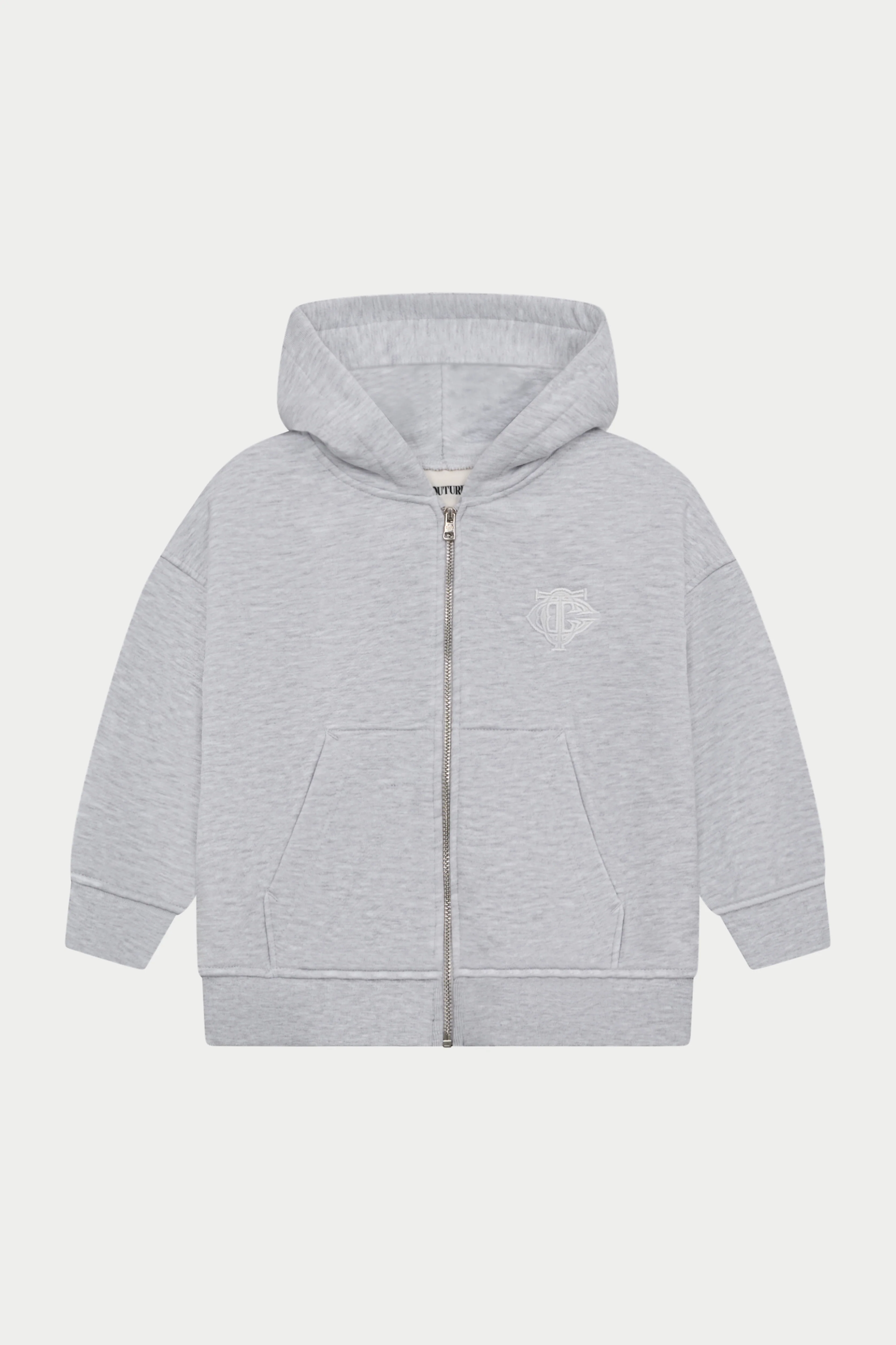 JUNIOR ZIP THROUGH MONOGRAM EMBLEM APPLIQUE HOODIE - GREY MARL