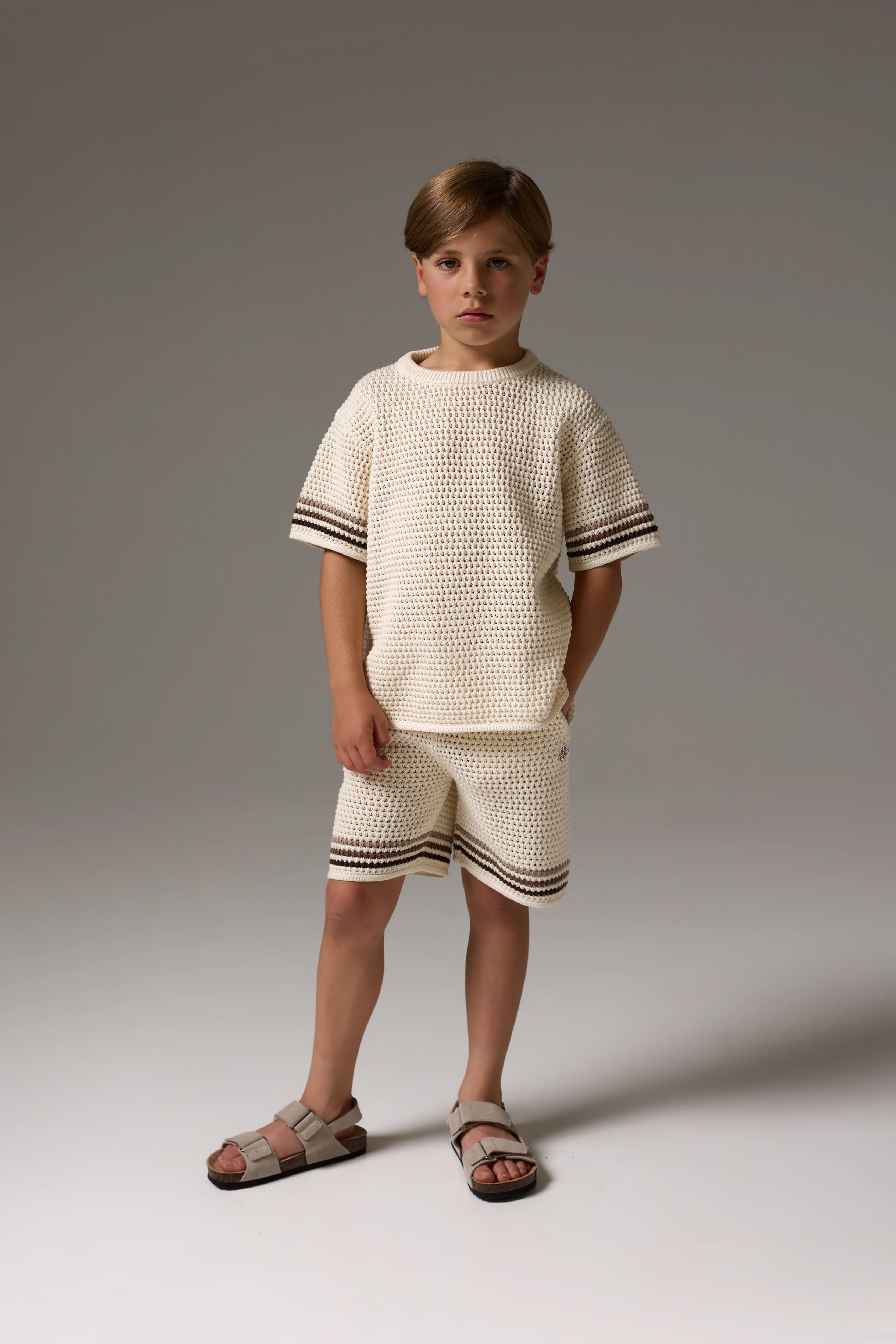 JUNIOR STRIPE CROCHET KNIT SHORTS - OFF WHITE