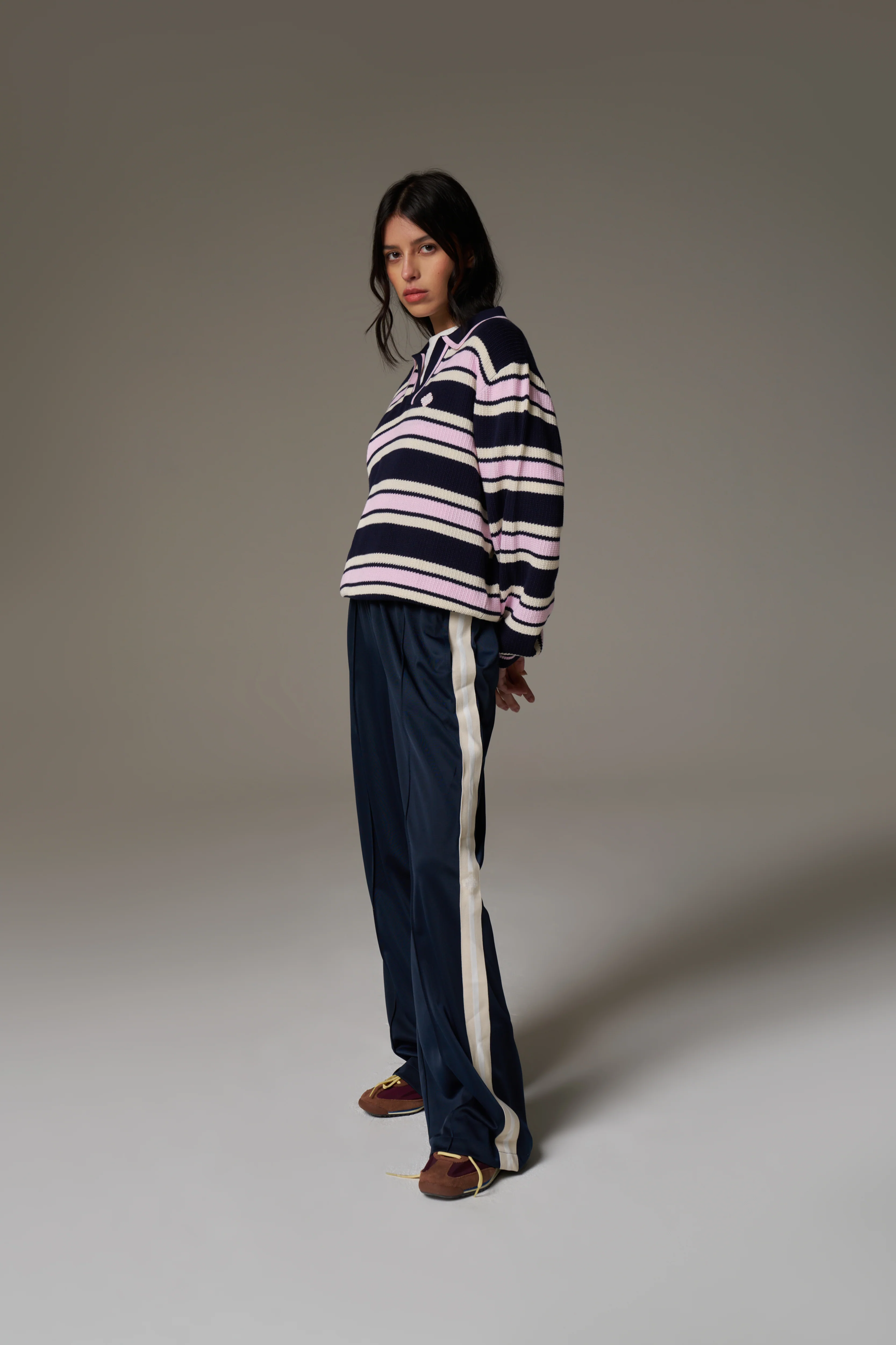 STRIPE KNITTED POLO SWEATSHIRT - NAVY