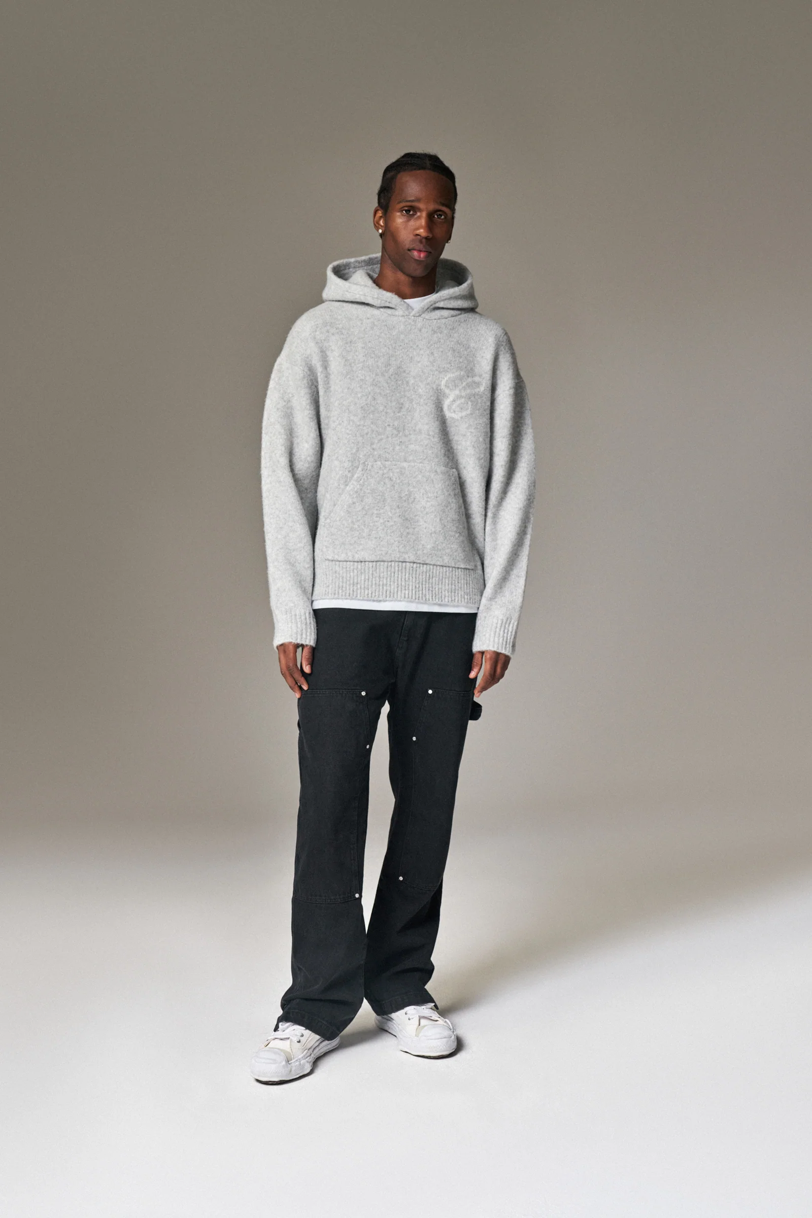 SCRIPT LOGO GRAPHIC KNITTED HOODIE - GREY MARL