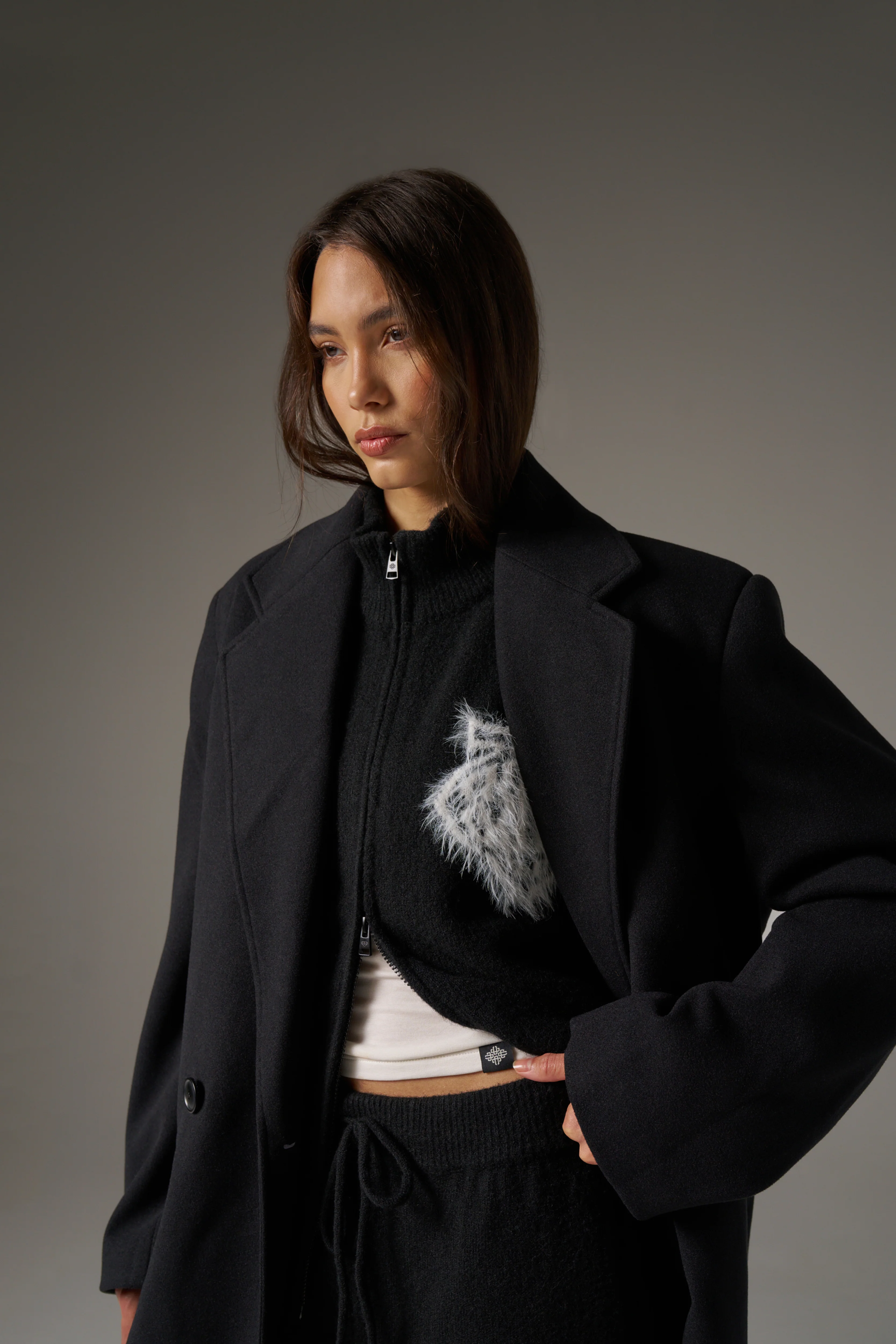 MONOGRAM EMBLEM FLUFFY KNIT ZIP THROUGH - BLACK