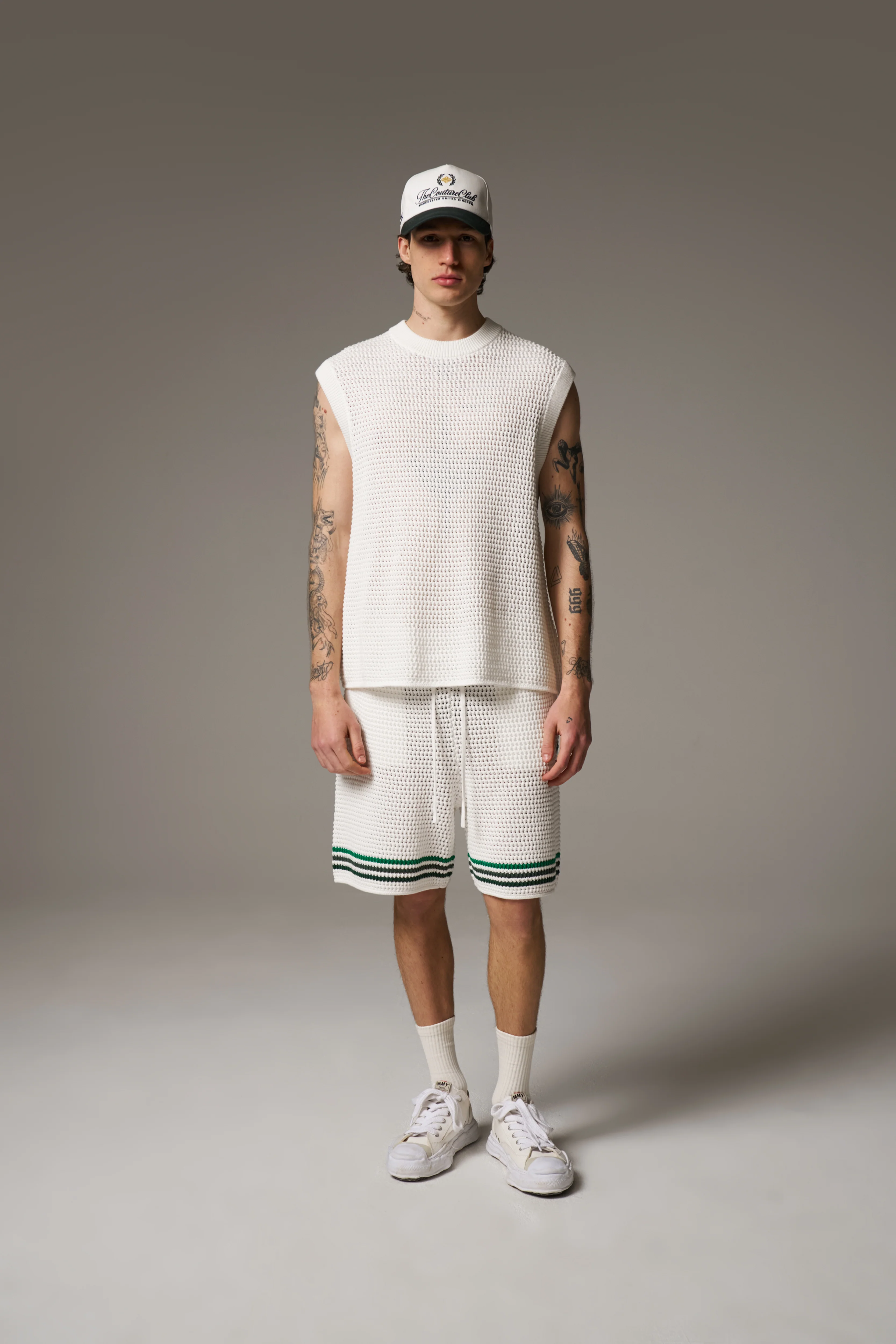 STRIPE CROCHET KNIT VEST - WHITE