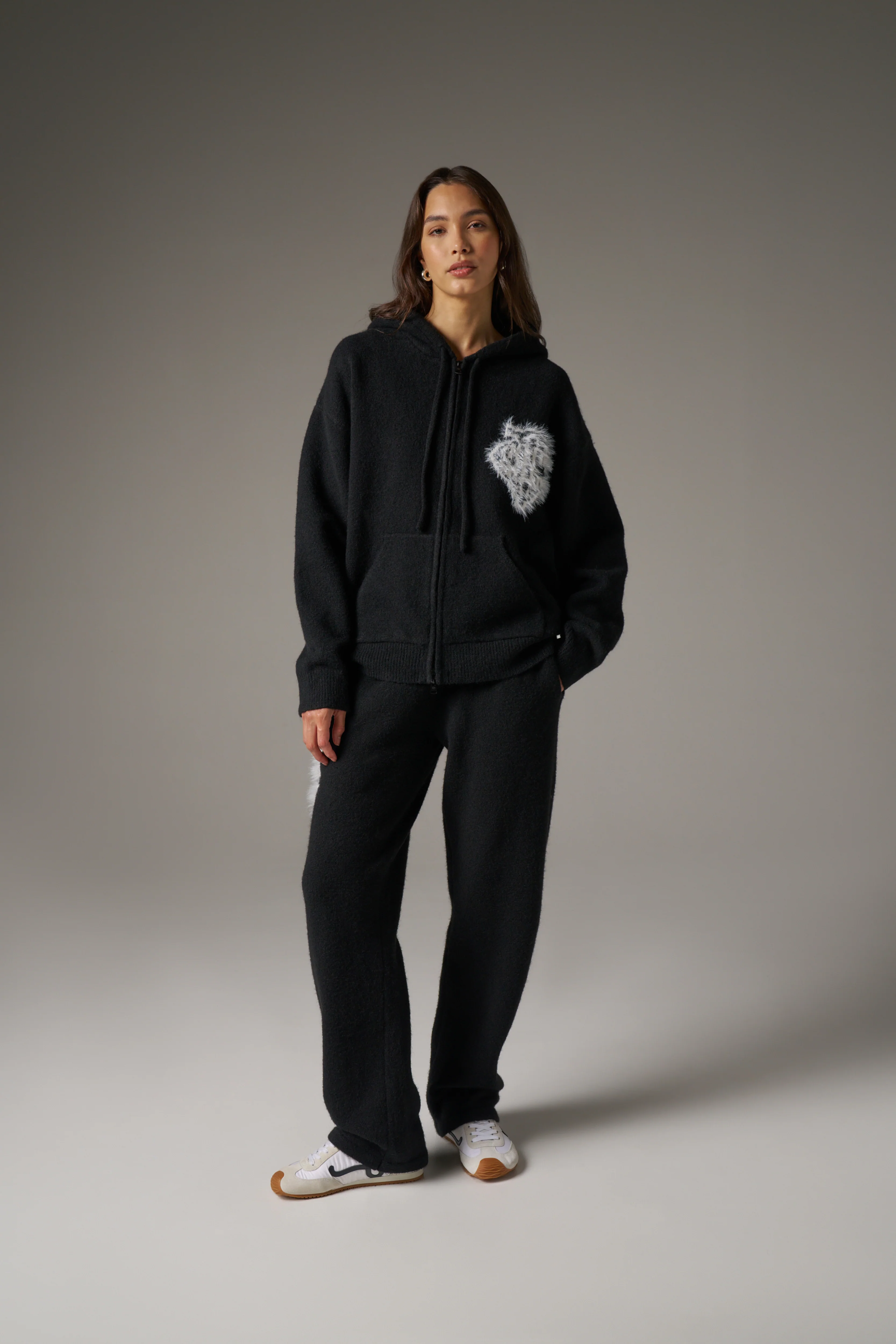 MONOGRAM EMBLEM FLUFFY KNIT ZIP THROUGH HOODIE - BLACK