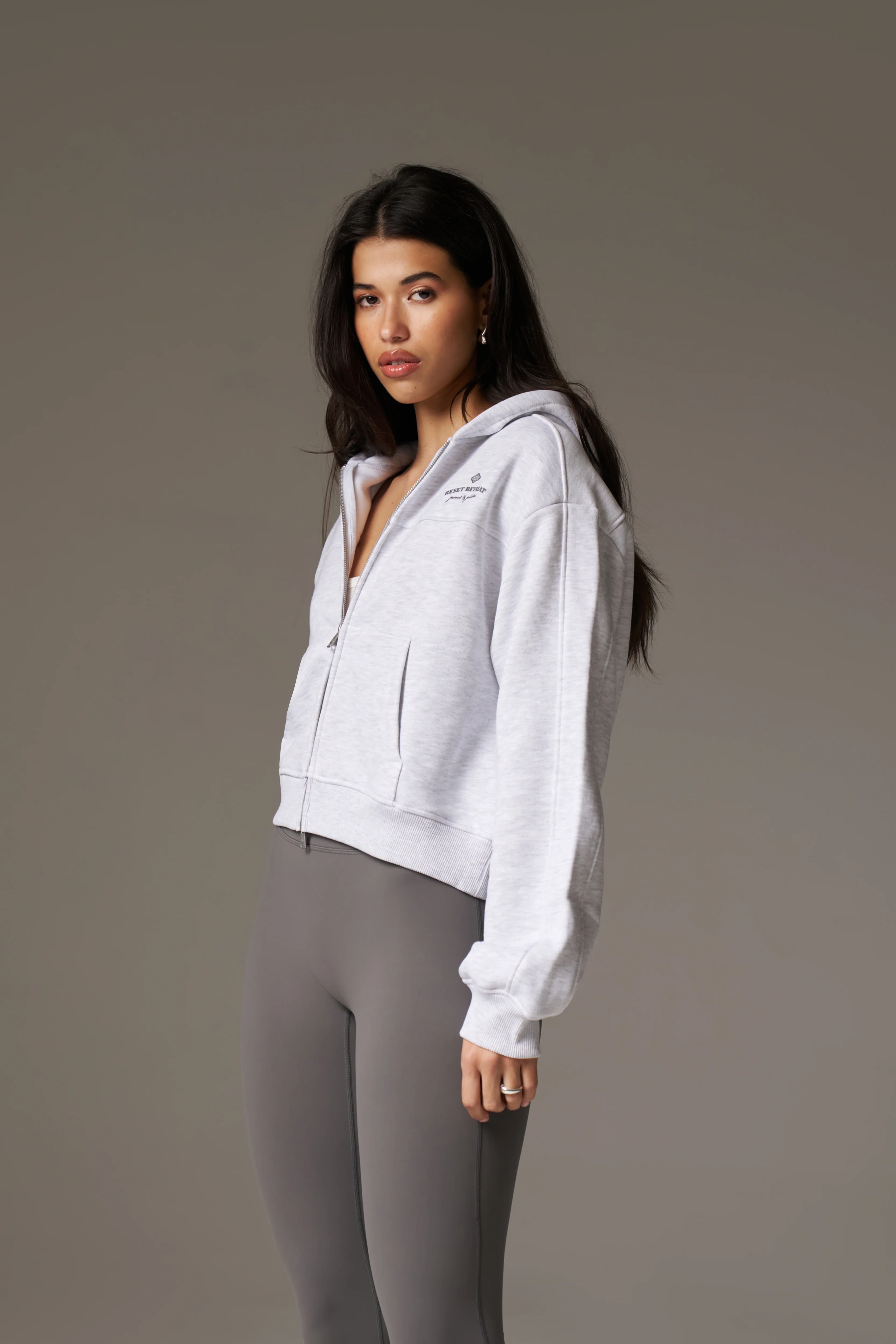 PILATES & PINOT ZIP THROUGH CROPPED HOODIE - GREY MARL