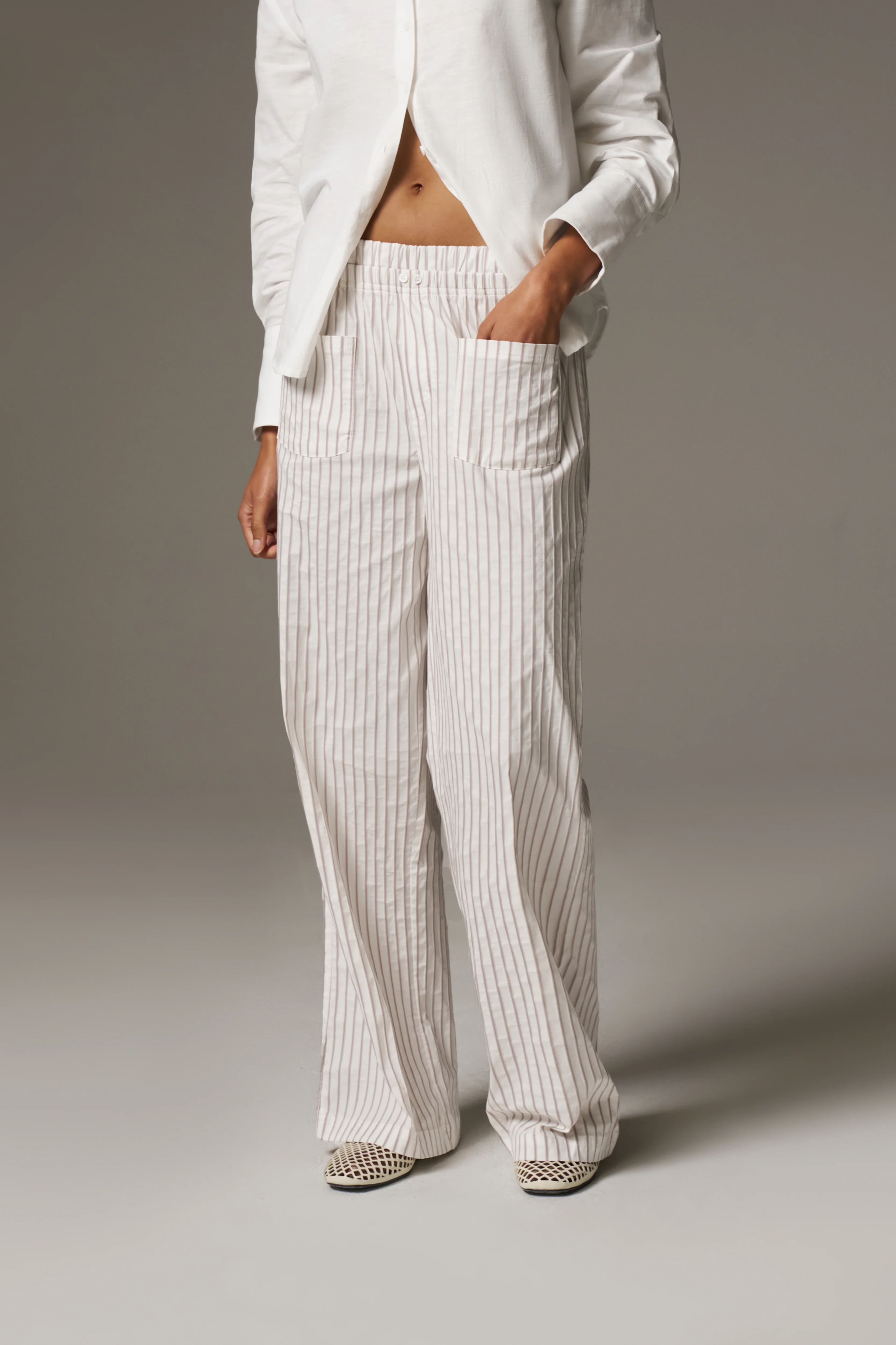DOUBLE WAISTBAND STRIPE TROUSERS - BEIGE