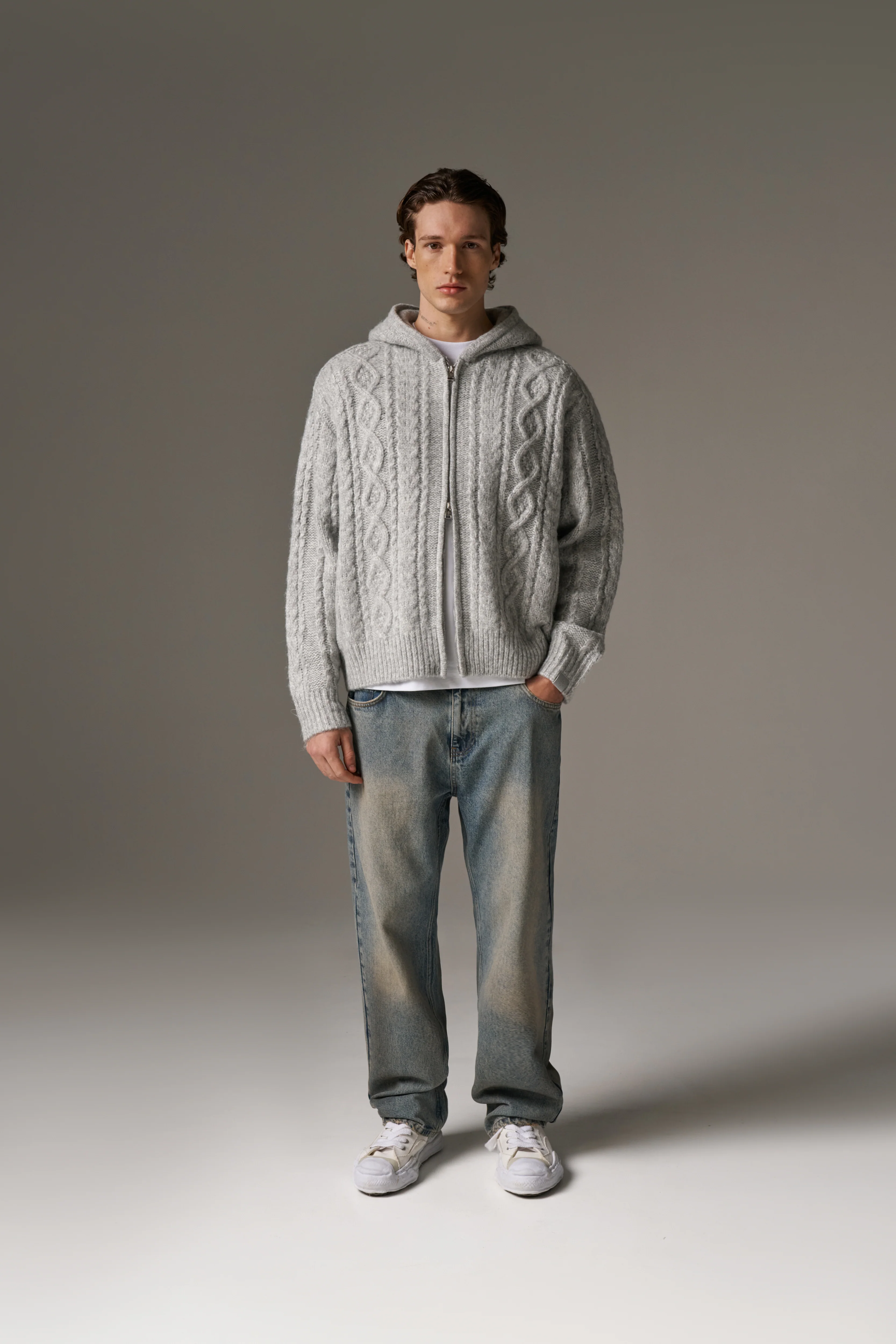 CABLE KNIT ZIP THROUGH HOODIE - GREY