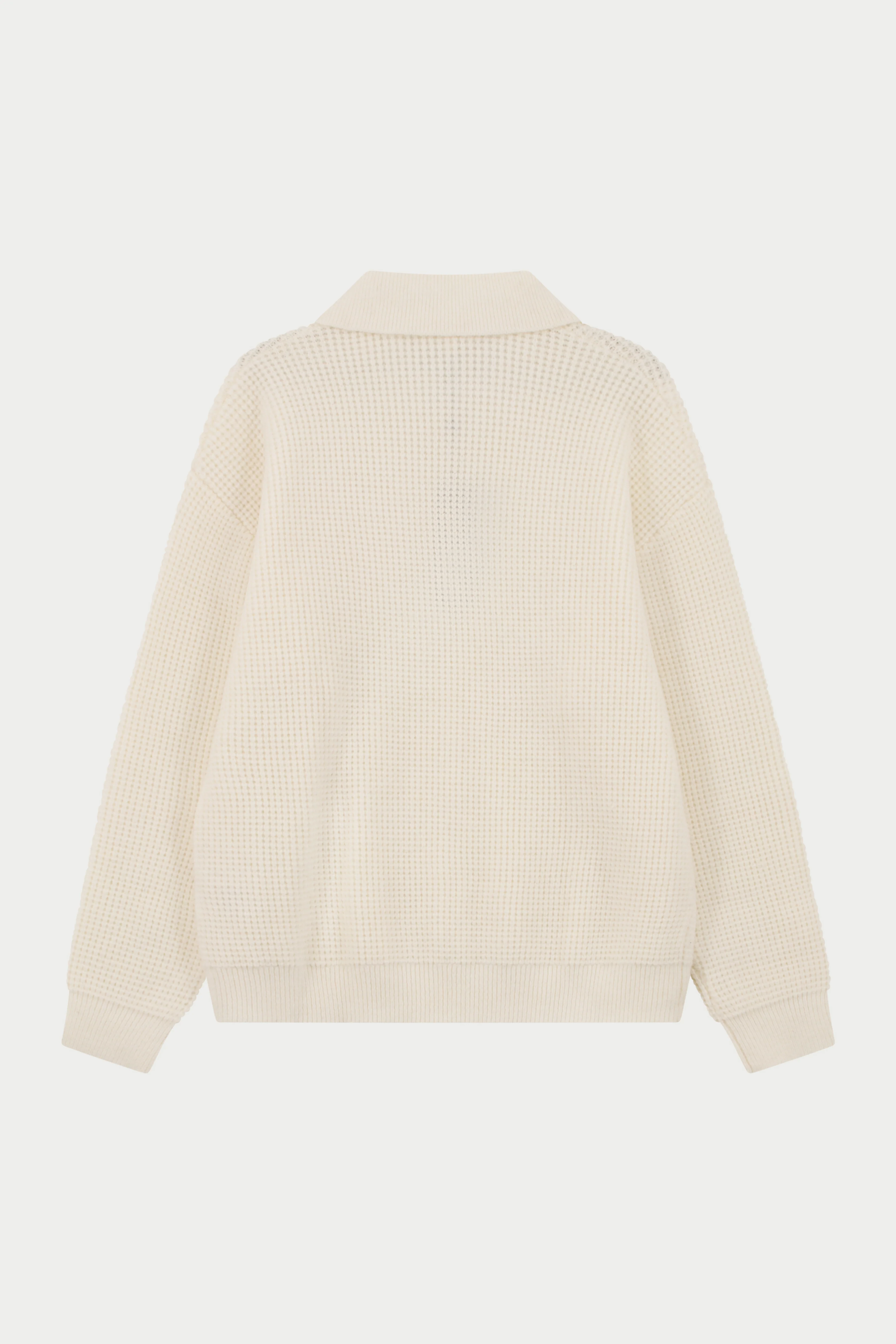 WAFFLE KNIT LONG SLEEVE POLO - WHITE