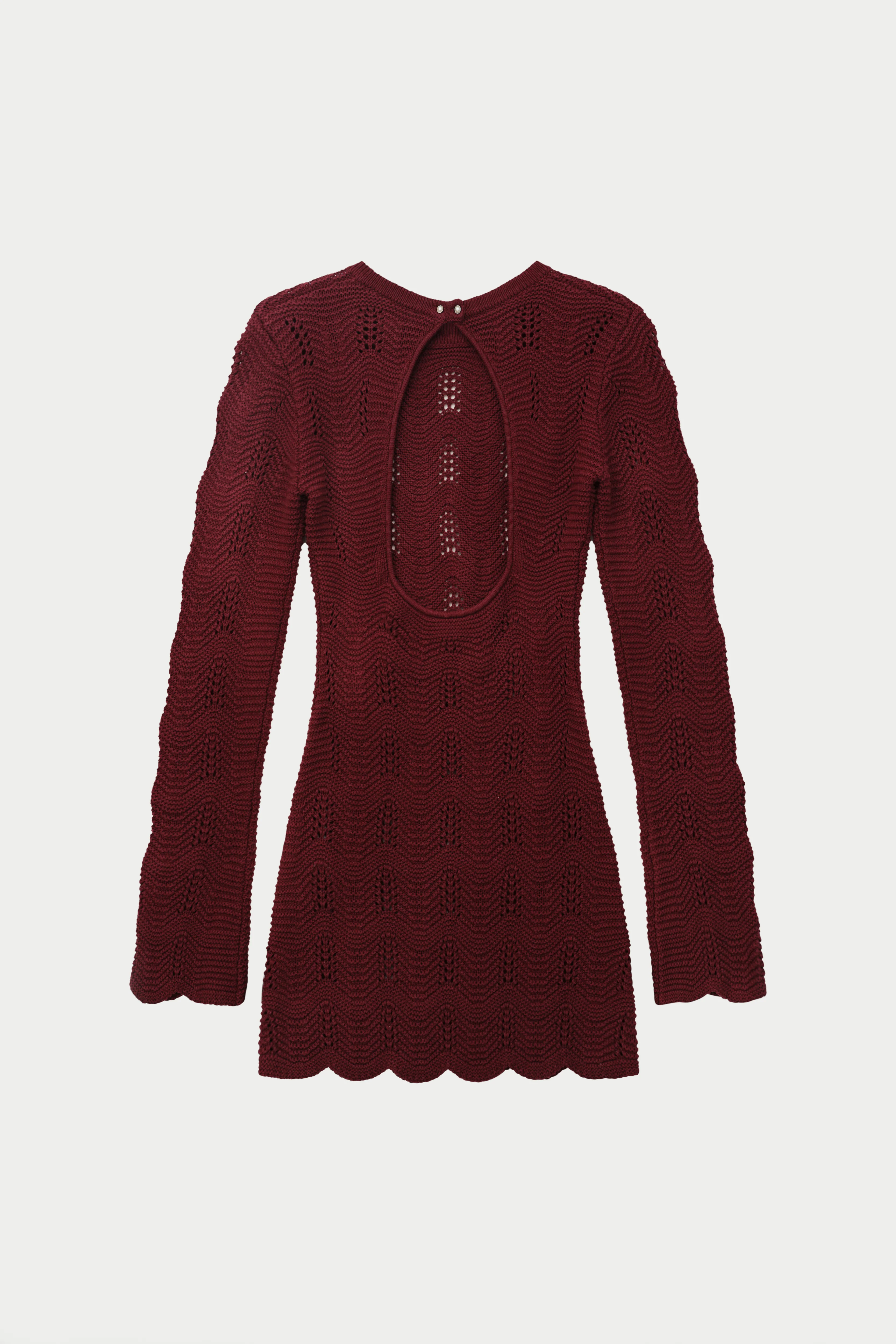SCALLOP EDGE KNITTED MINI DRESS - BURGUNDY
