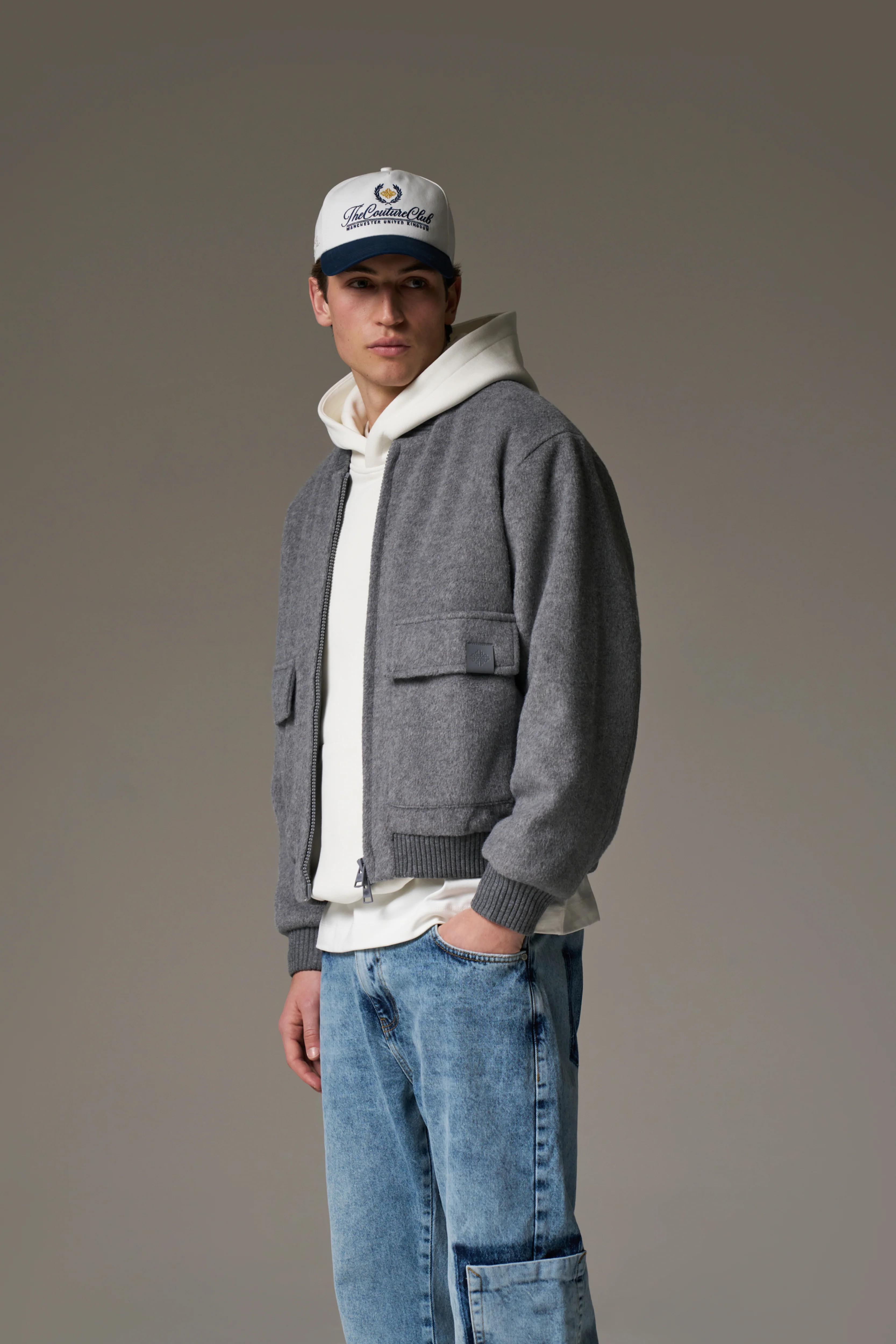 WOOL BLEND BOMBER JACKET - GREY MARL