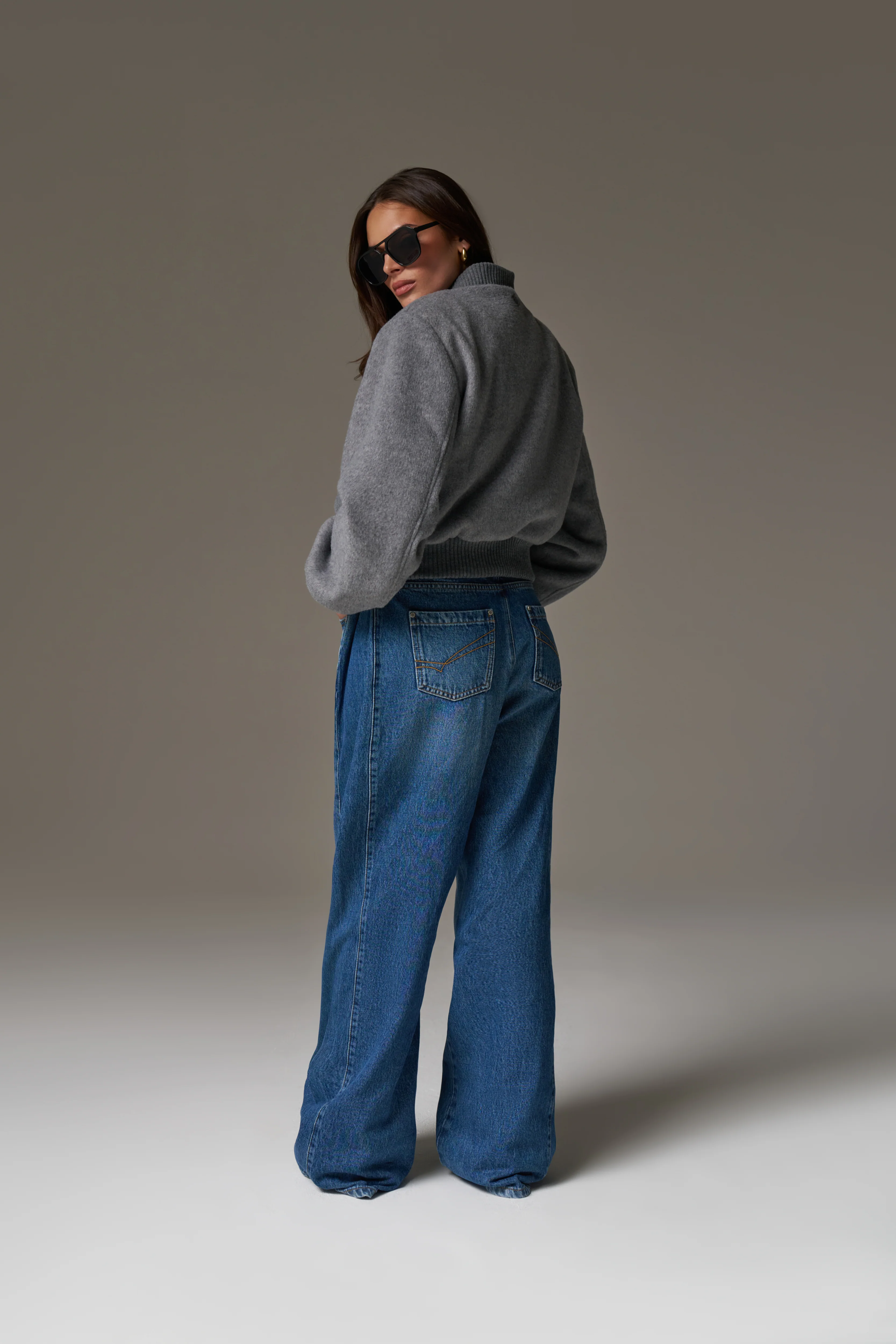 SHOULDER PADDED WOOL BLEND BOMBER JACKET - GREY MARL