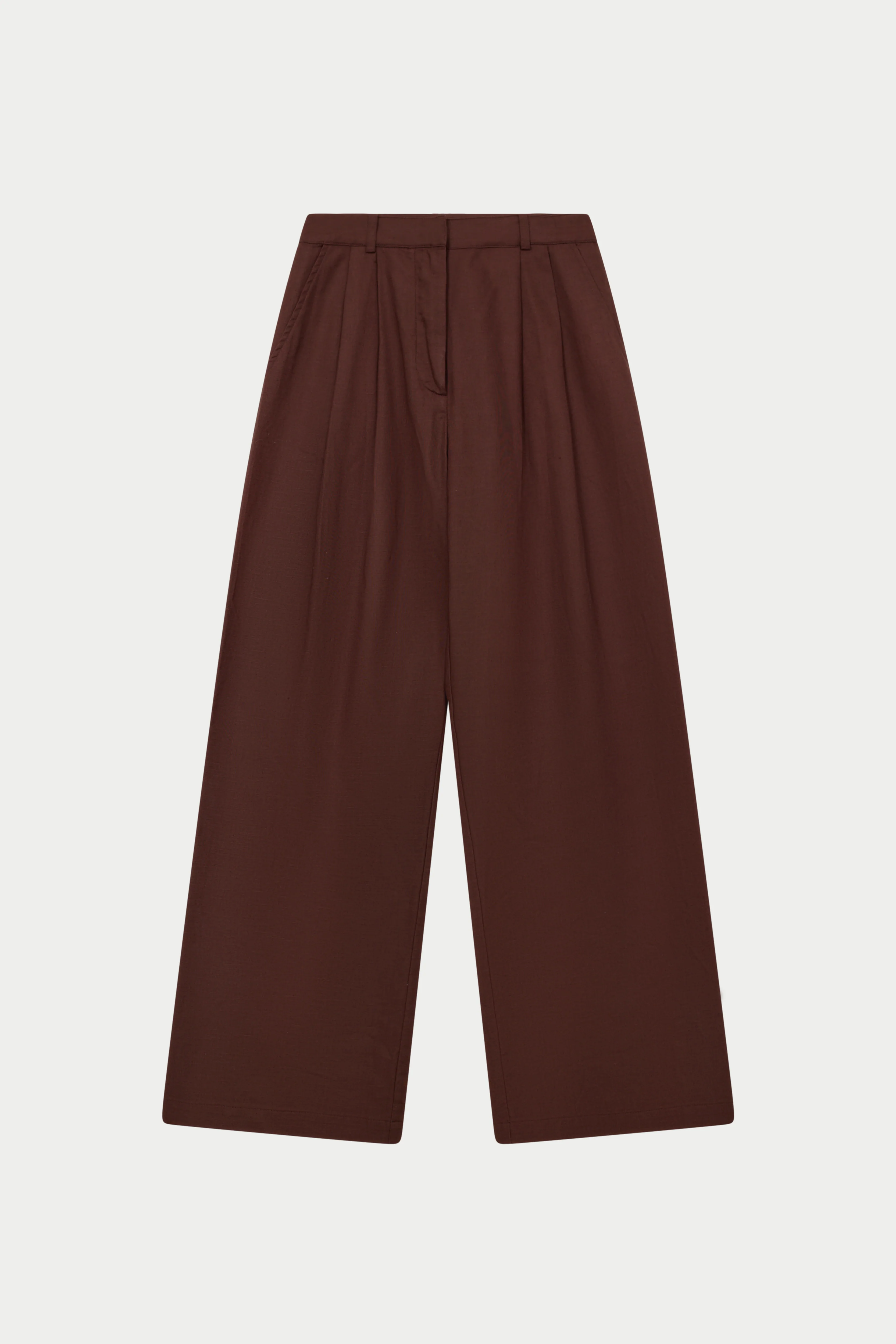 LINEN BLEND WIDE LEG PLEATED TROUSERS - CHOCOLATE