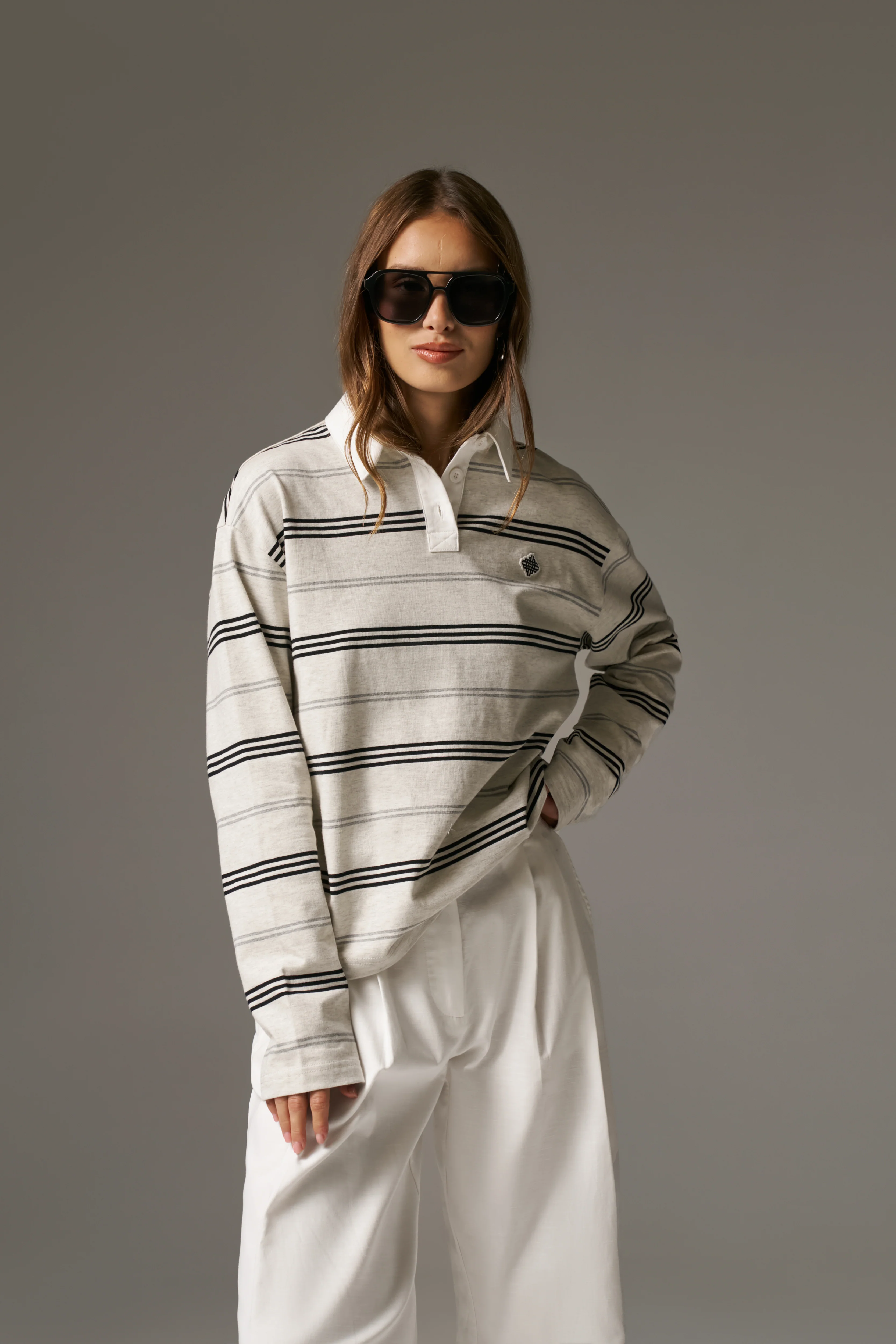 STRIPED LONG SLEEVE POLO TEE - GREY MARL
