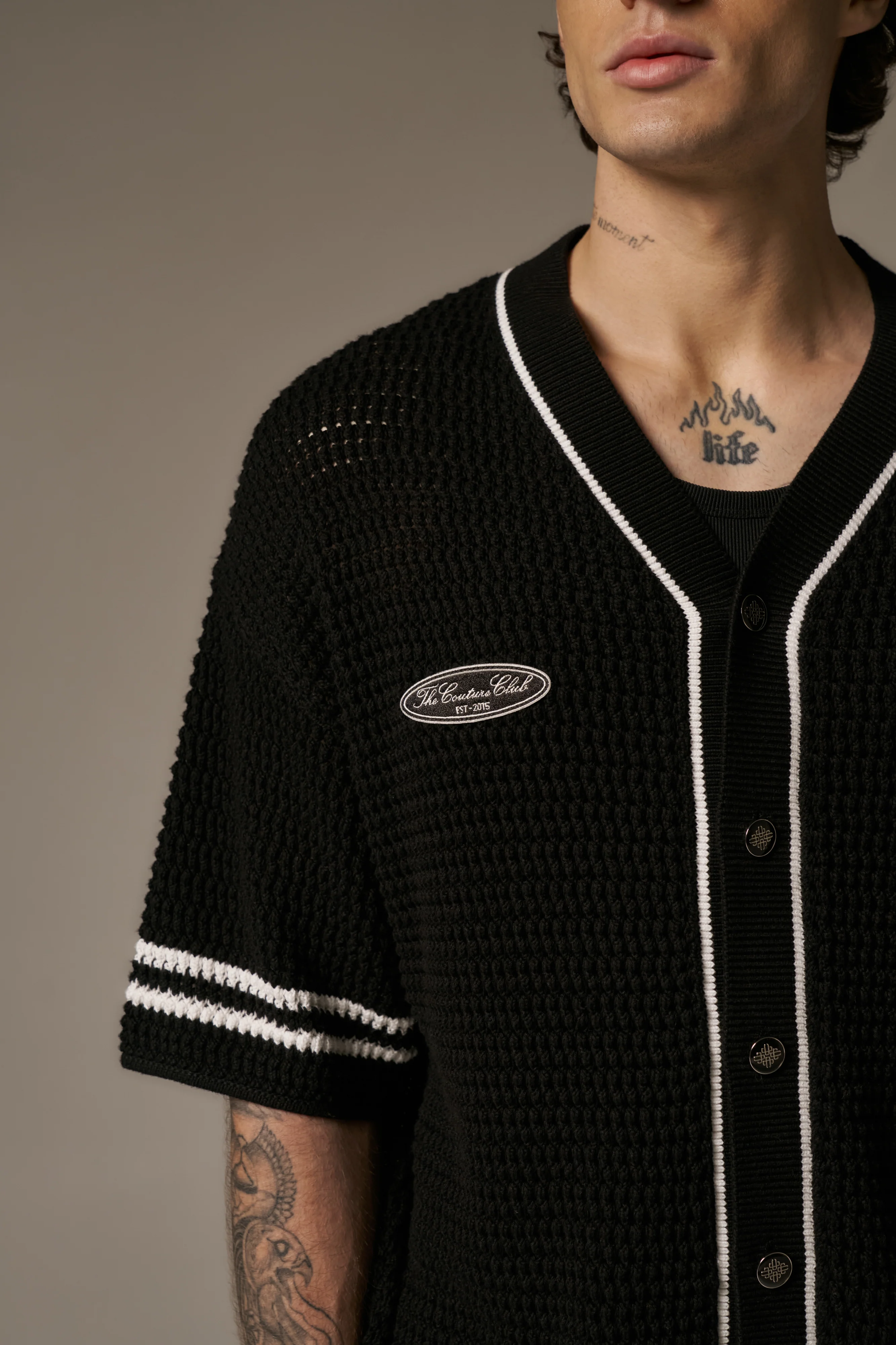CROCHET KNITTED BASEBALL SHIRT - BLACK