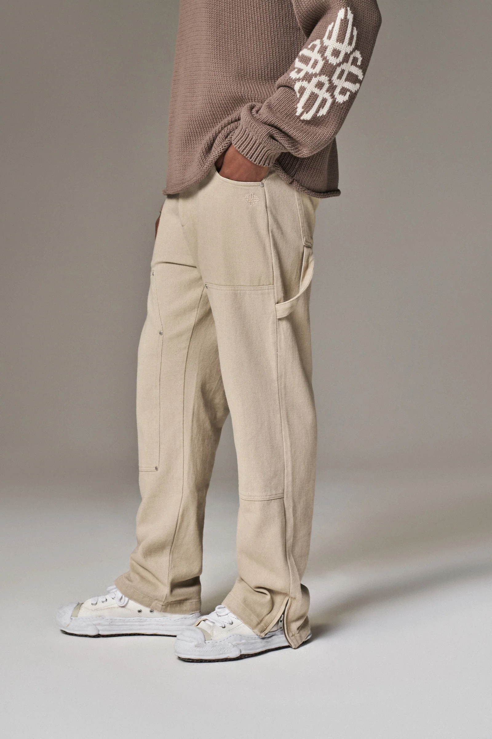TWILL RIVET DETAIL CARPENTER PANT - BEIGE