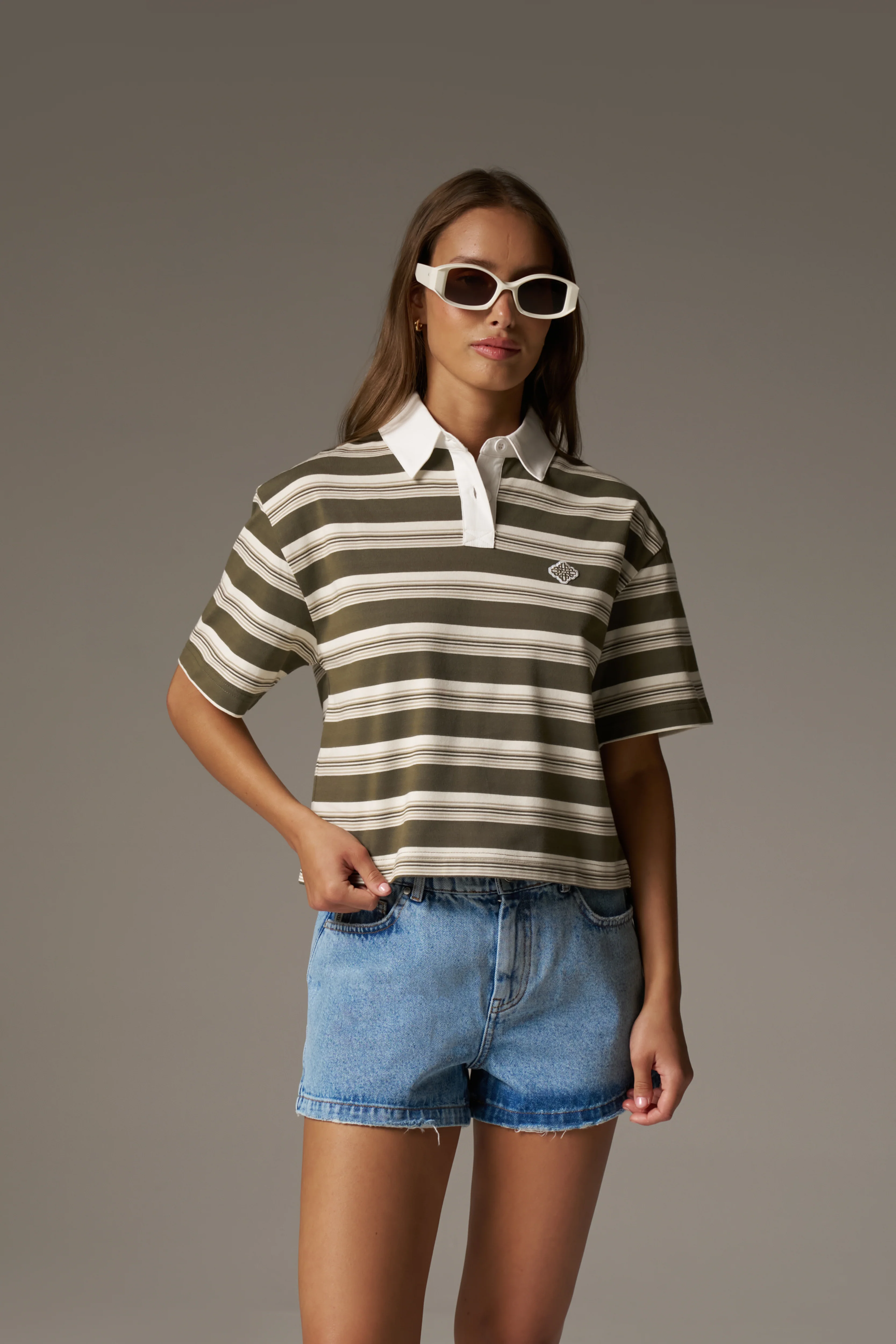STRIPED POLO TEE - KHAKI