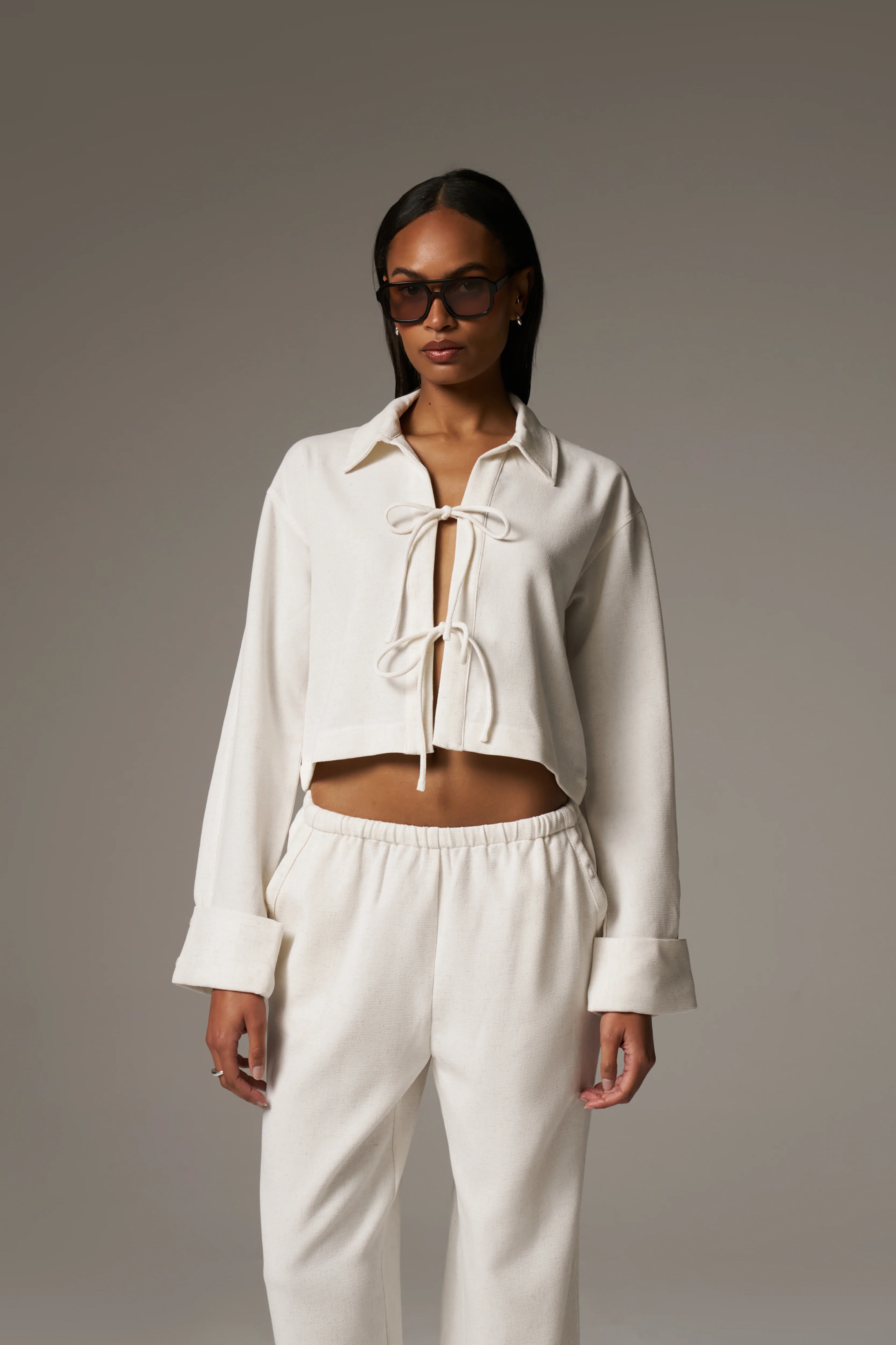 TEXTURED LINEN TIE FRONT SHIRT - BEIGE