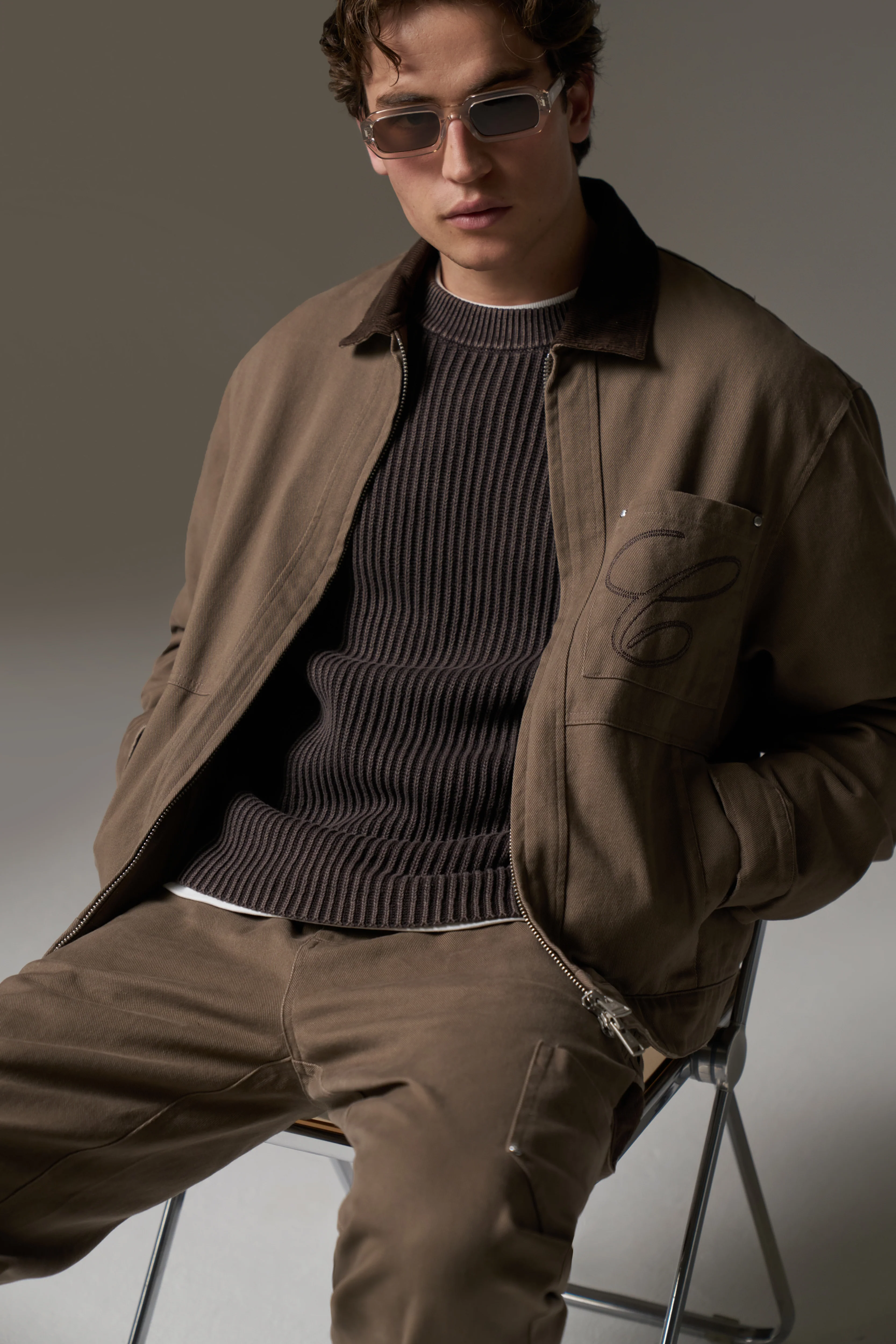 TWILL CONTRAST COLLAR JACKET - WASHED BROWN