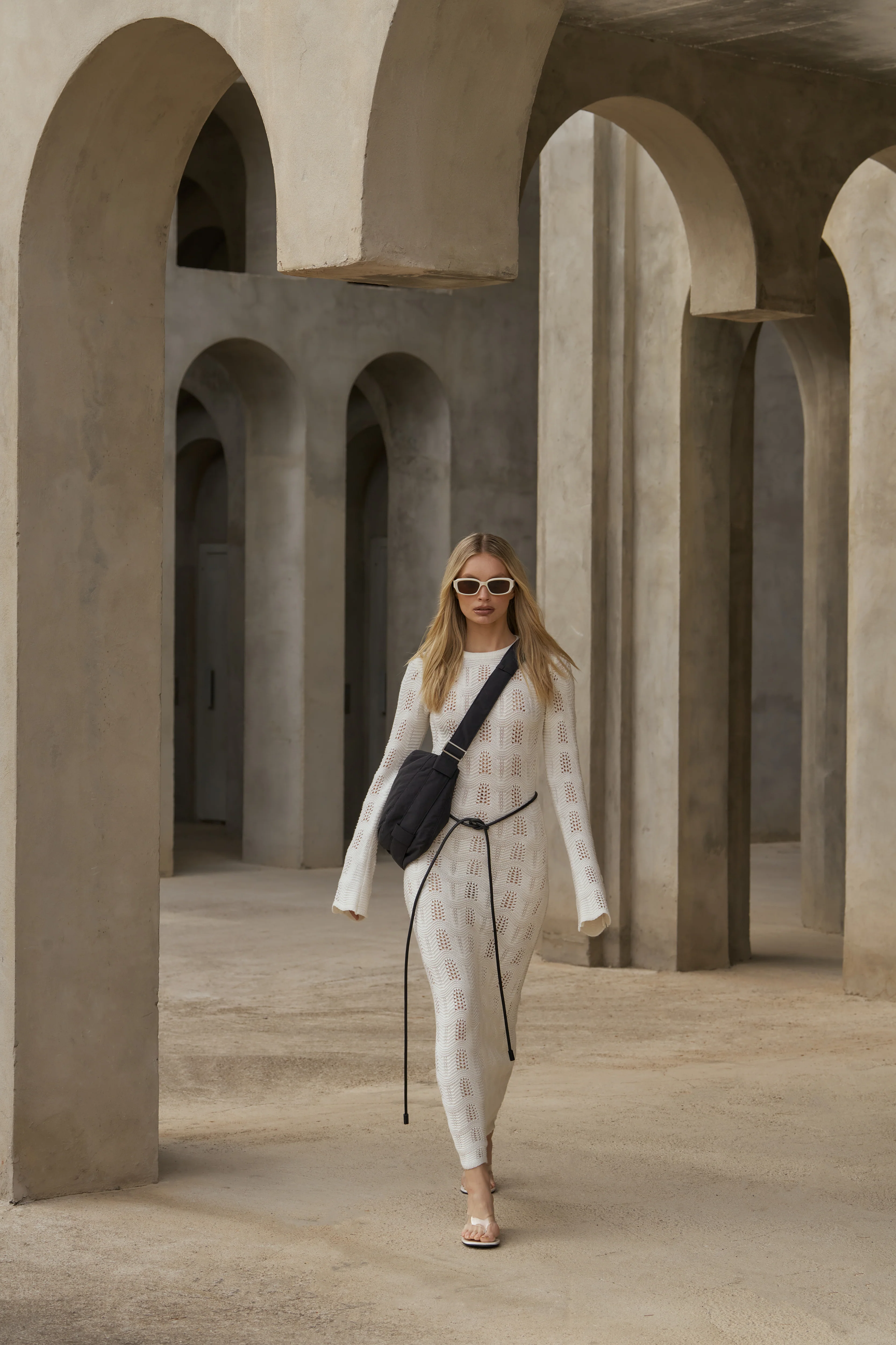 SCALLOP EDGE KNITTED MAXI DRESS - OFF WHITE