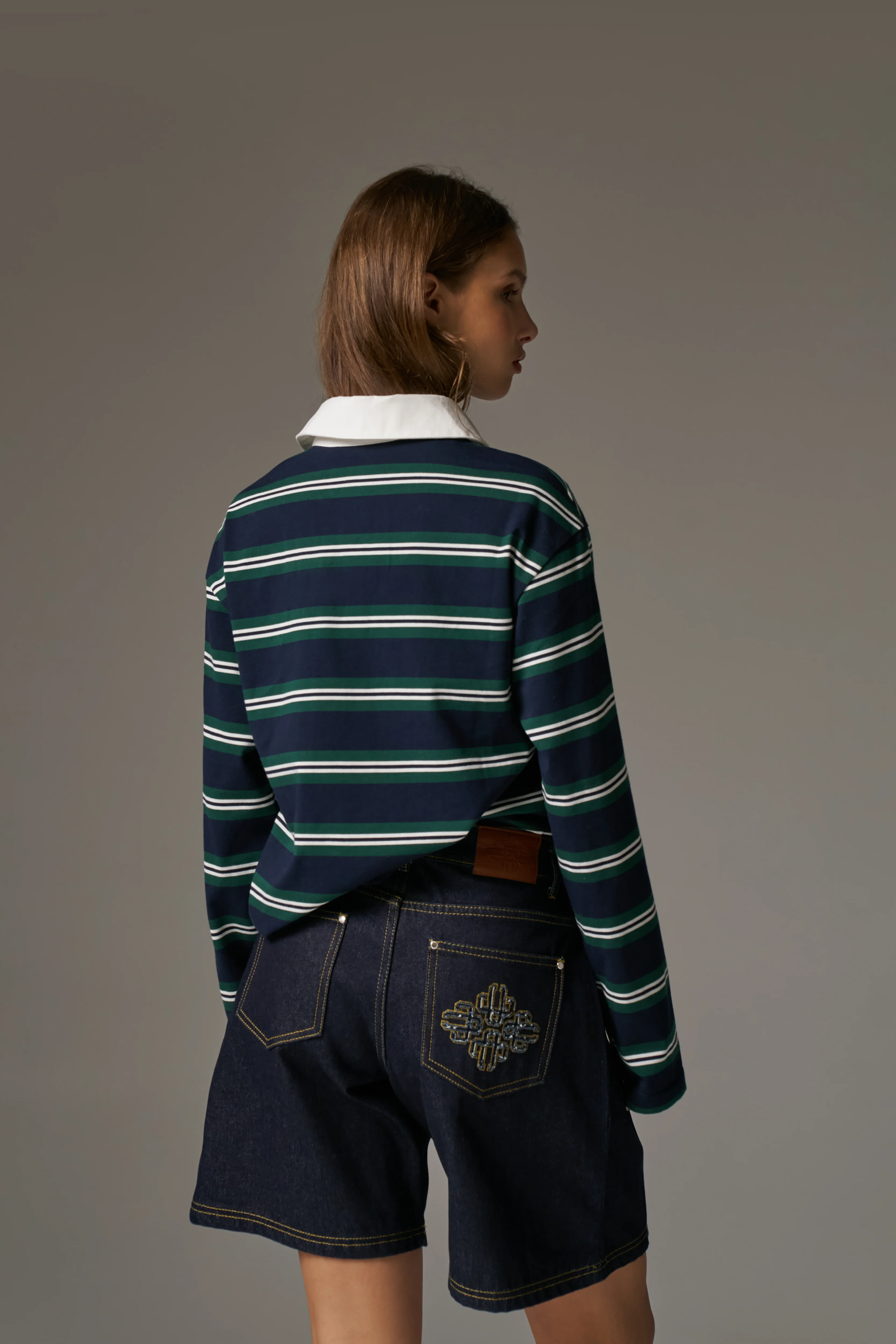 STRIPED LONG SLEEVE POLO TEE - NAVY