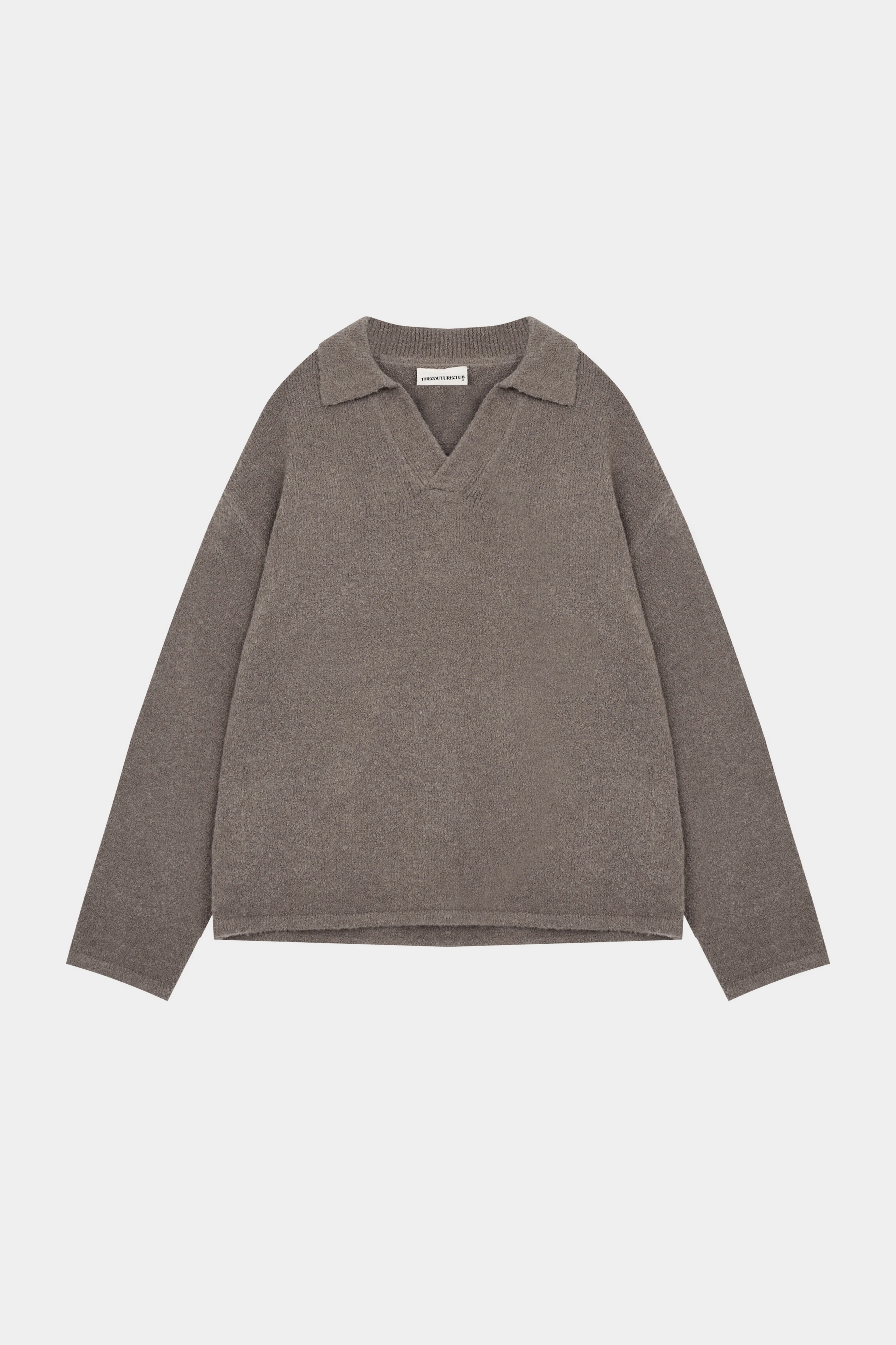 BOUCLE KNIT LONG SLEEVE POLO - BROWN