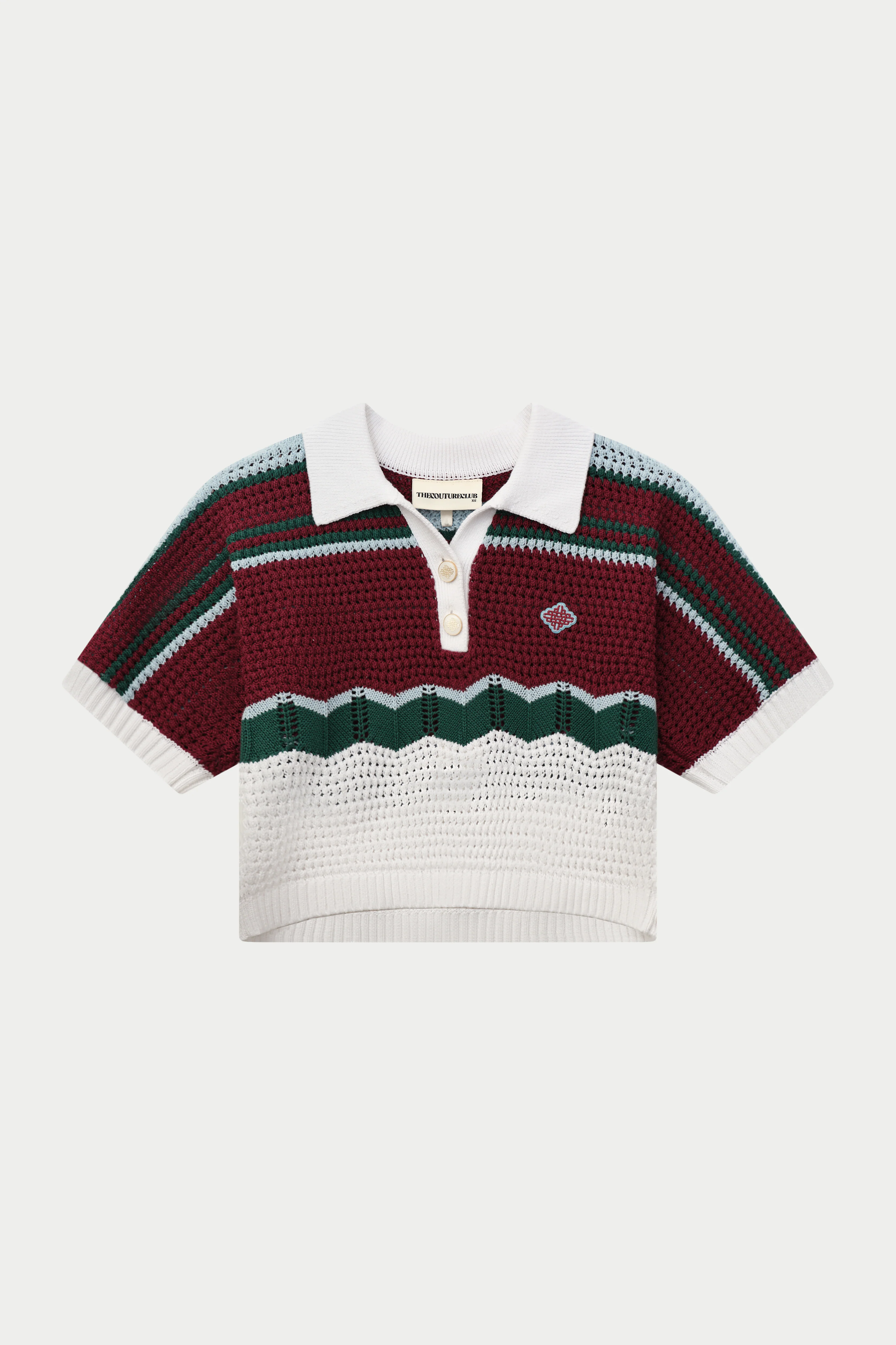 STRIPE CROCHET KNITTED OPEN COLLAR SHIRT - BURGUNDY