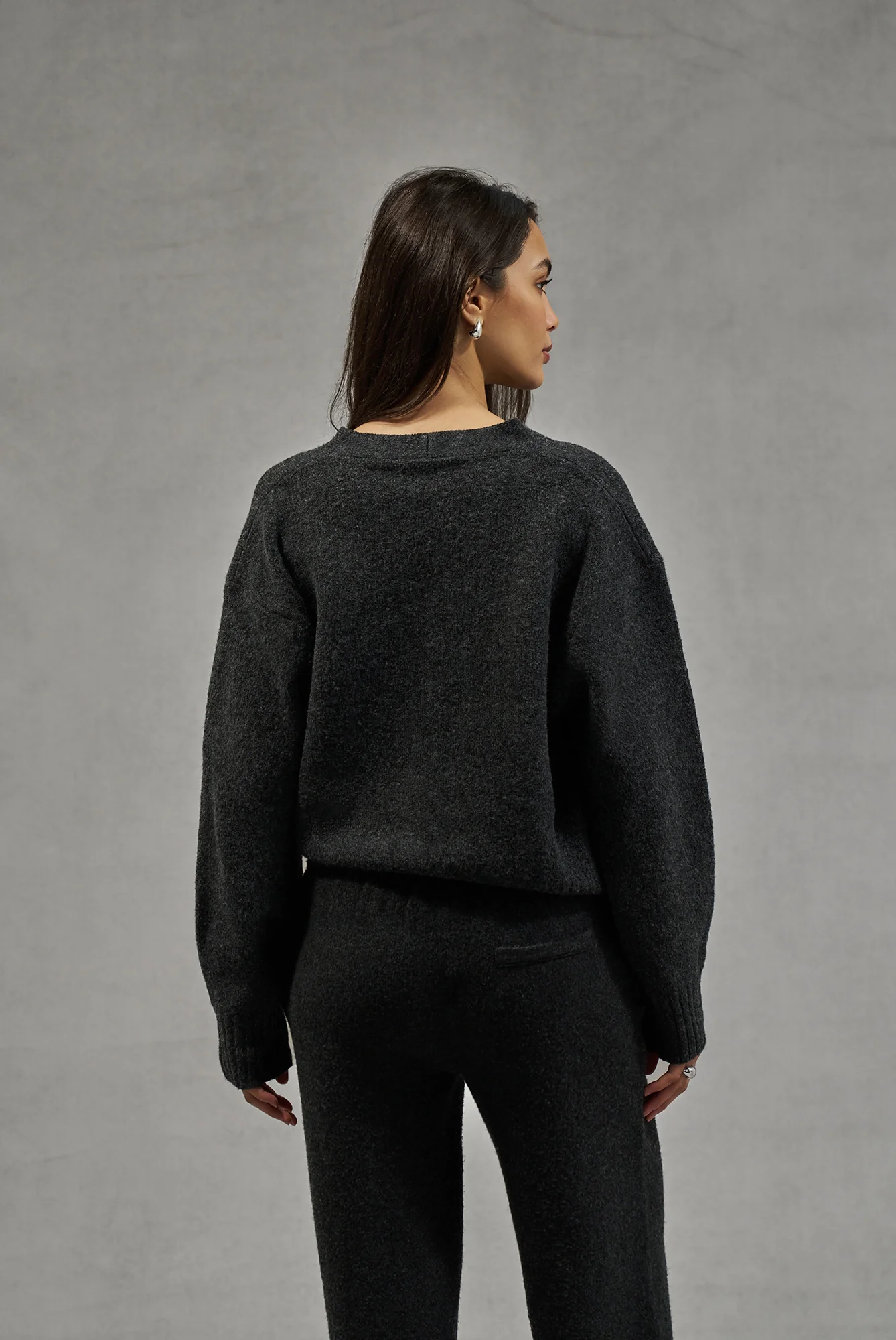 FLUFFY KNIT EMBLEM EMBROIDERED CARDIGAN - CHARCOAL