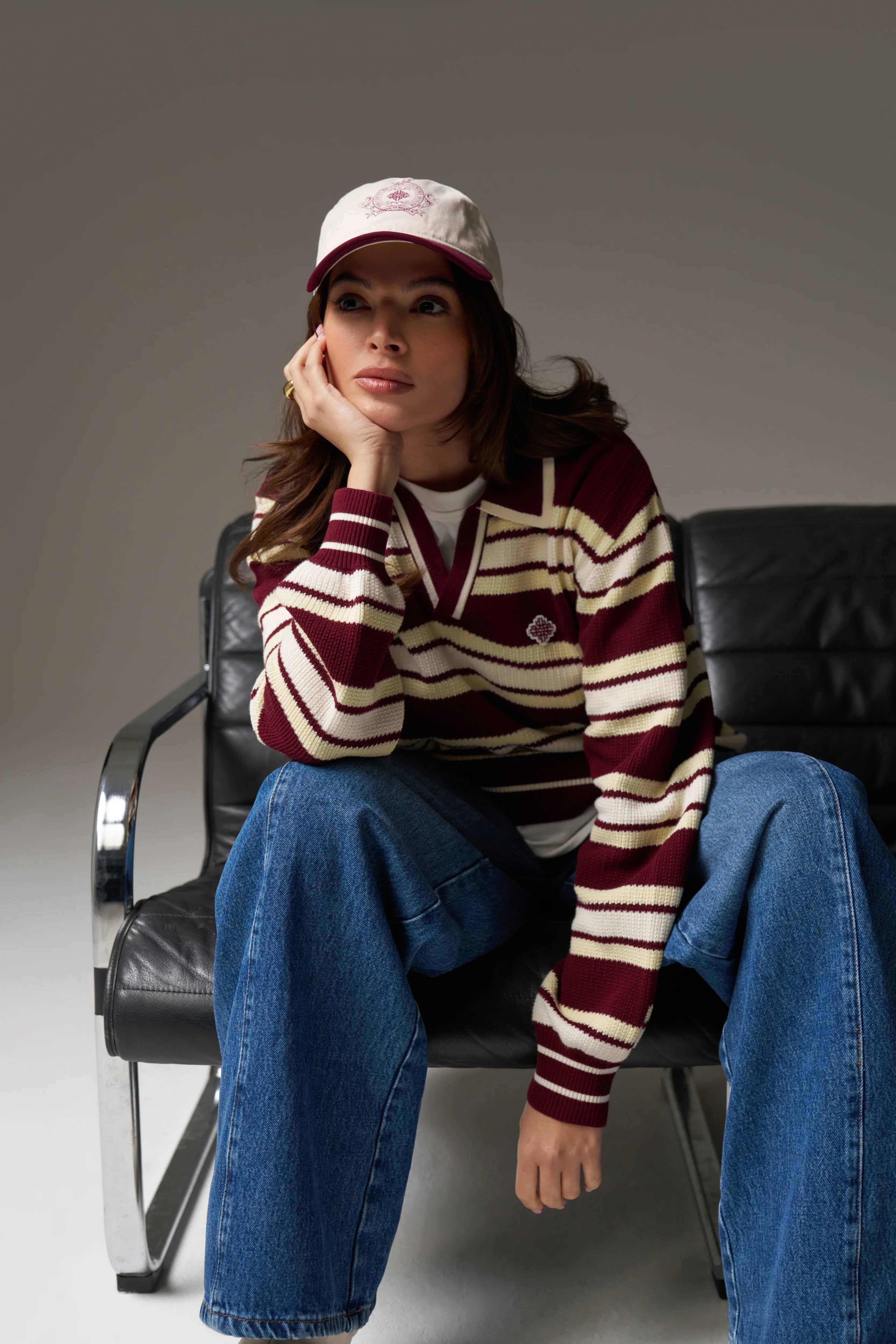 STRIPE KNITTED POLO SWEATSHIRT - BURGUNDY