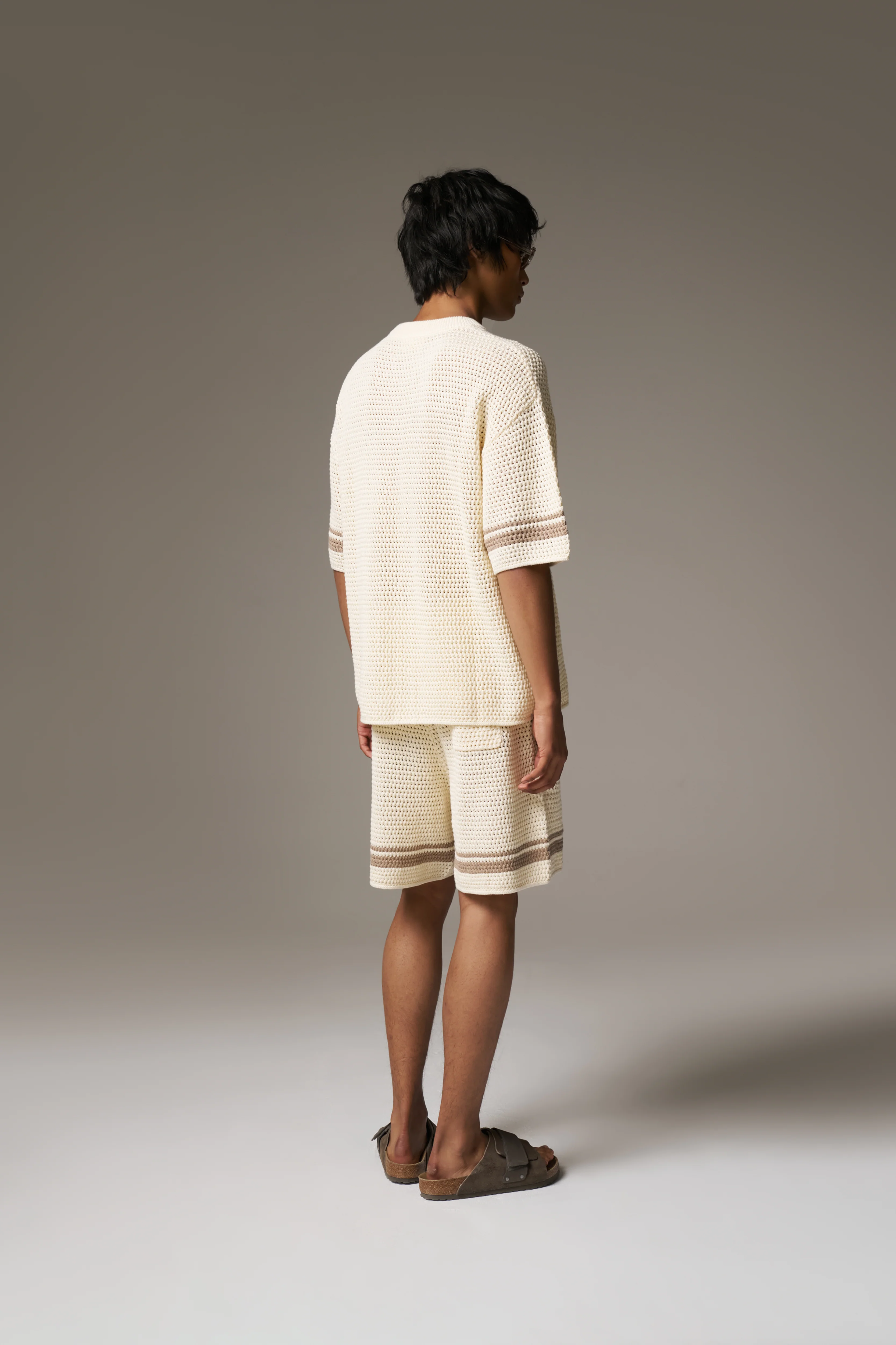 CROCHET KNITTED CONTRAST STRIPE T-SHIRT - OFF WHITE