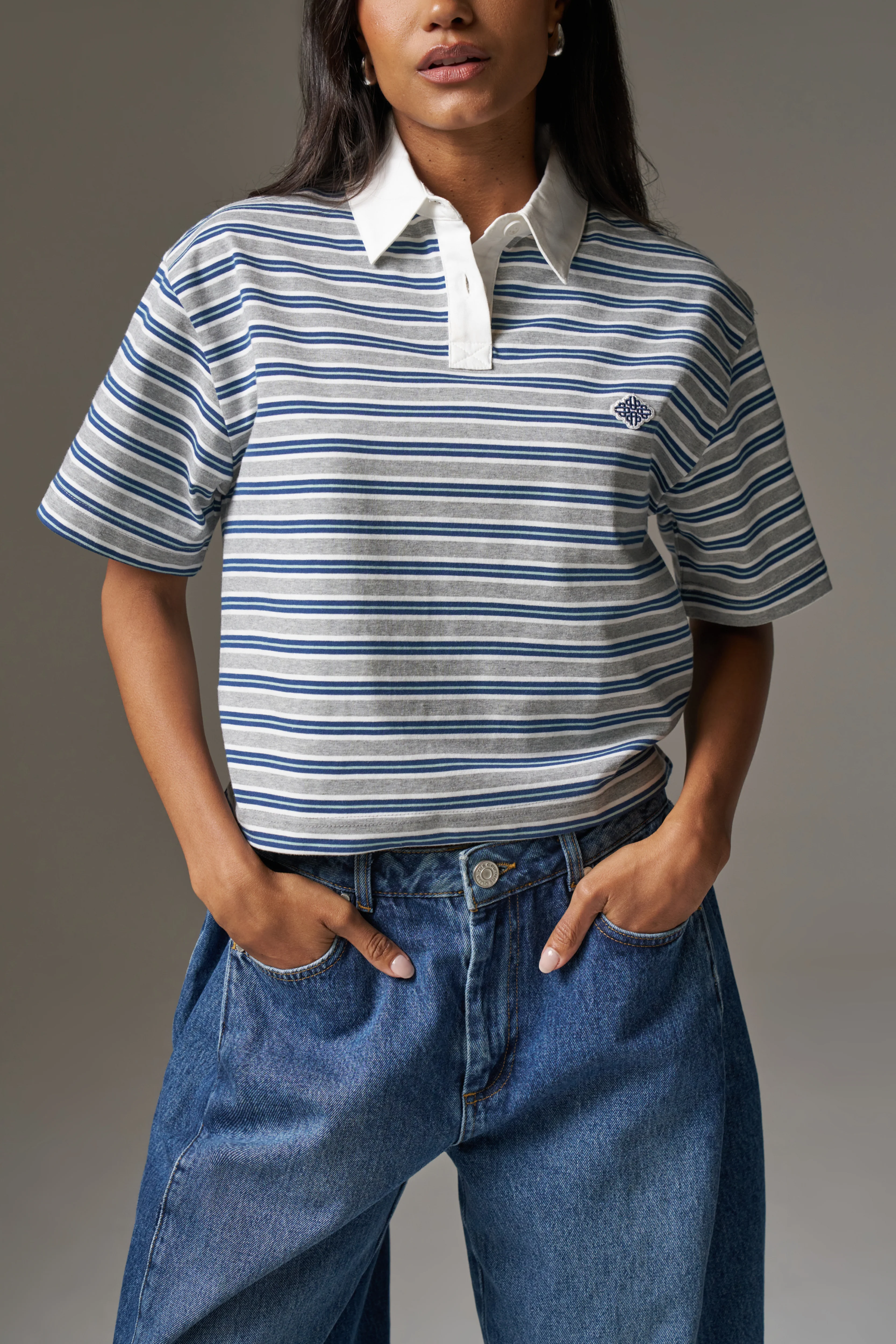 STRIPED POLO TEE - GREY