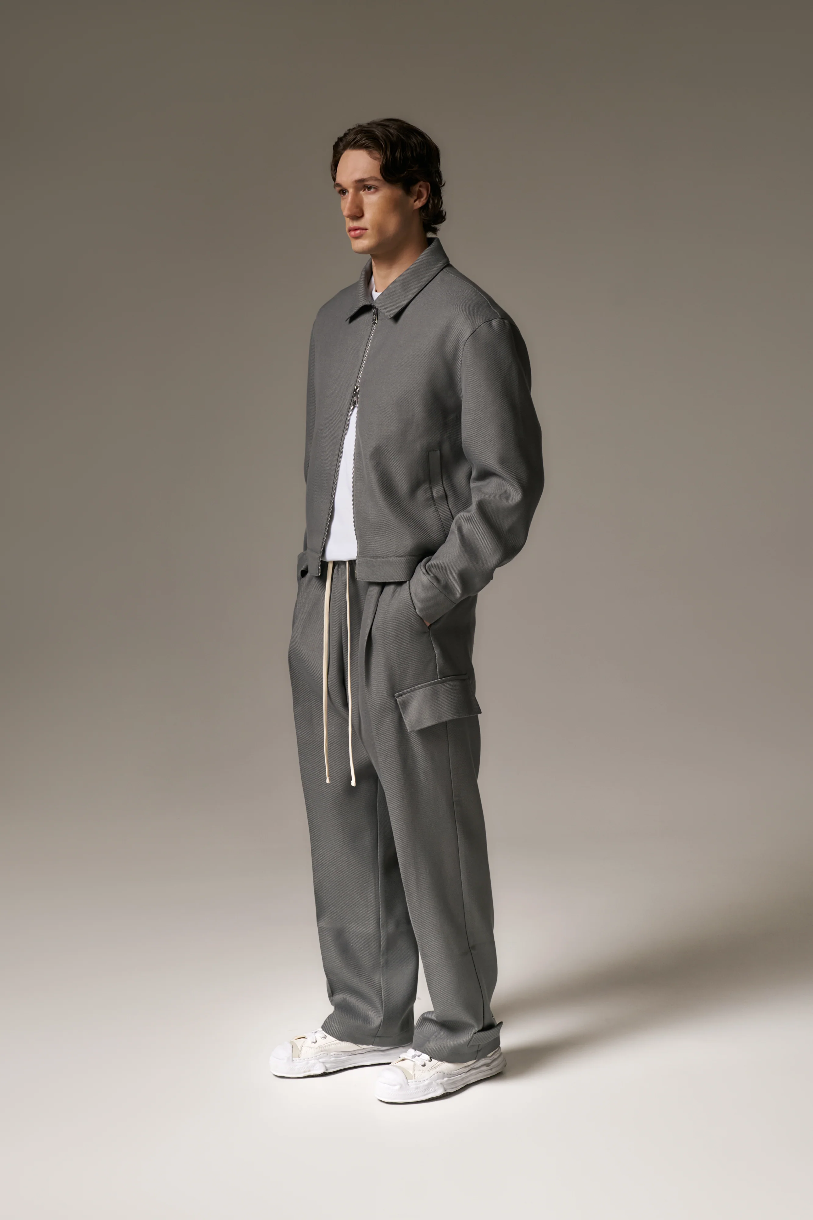 PLEATED WIDE LEG WOOL BLEND TROUSERS - GREY